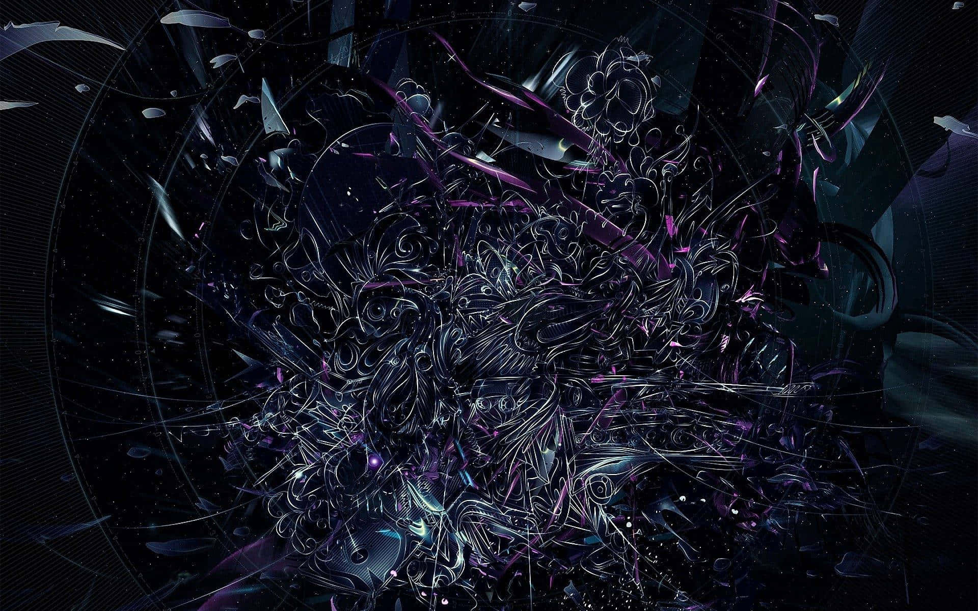 Chaotic 桌布 壁紙 — 在佈滿星光的黑色虛空中，霓虹紫和銀色碎形圖案旋轉宇宙爆炸，伴隨著漂浮的幾何碎片。
