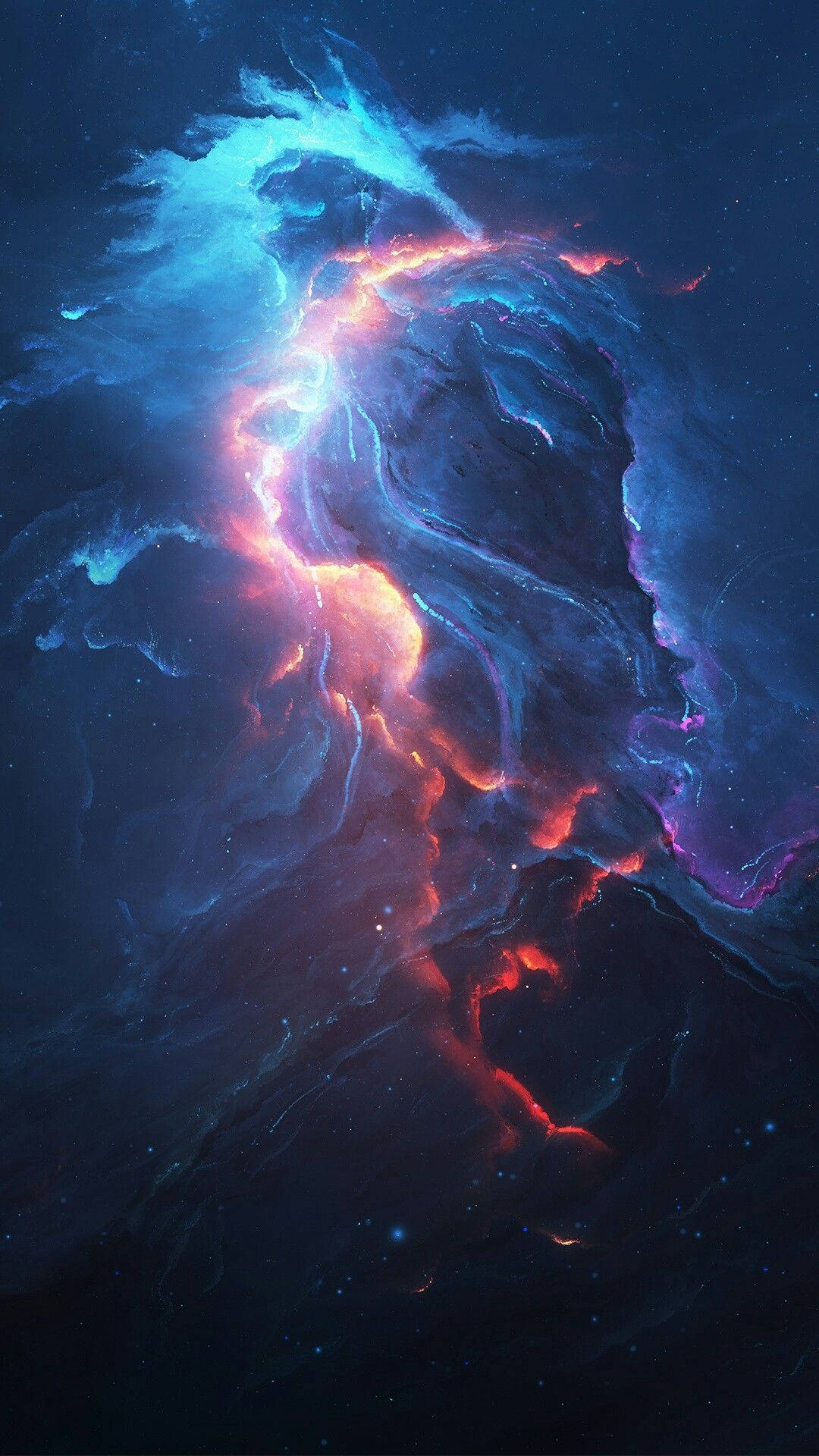 Galaxy Dragon 桌布 壁紙 — 在佈滿星星的黑暗虛空中，電光藍和火橙色的卷鬚旋轉的宇宙星雲。