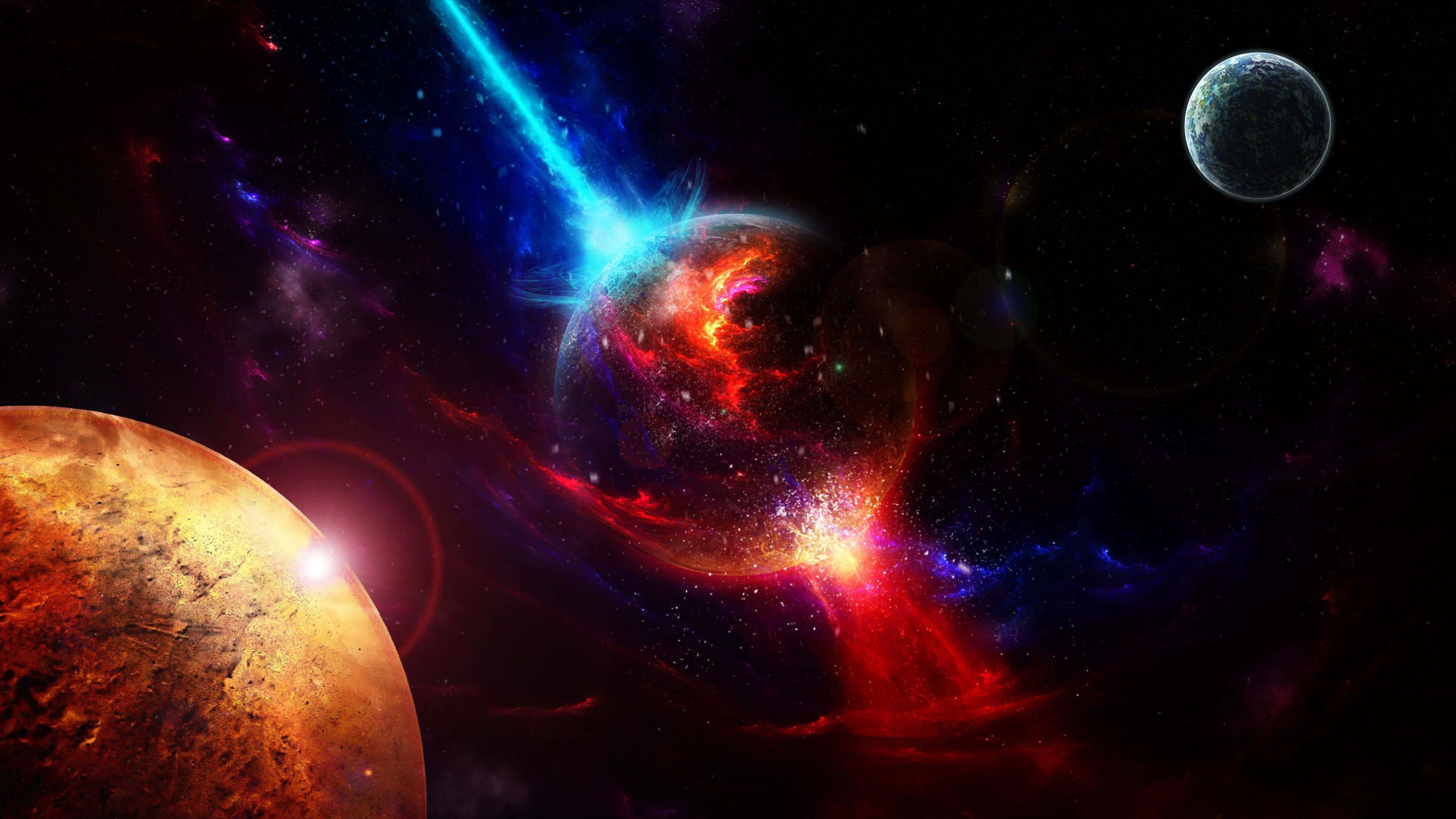 桌布 壁紙 — 在佈滿星辰的虛空中，一場宇宙爆炸在行星之間散發出火紅與電光藍的能量。