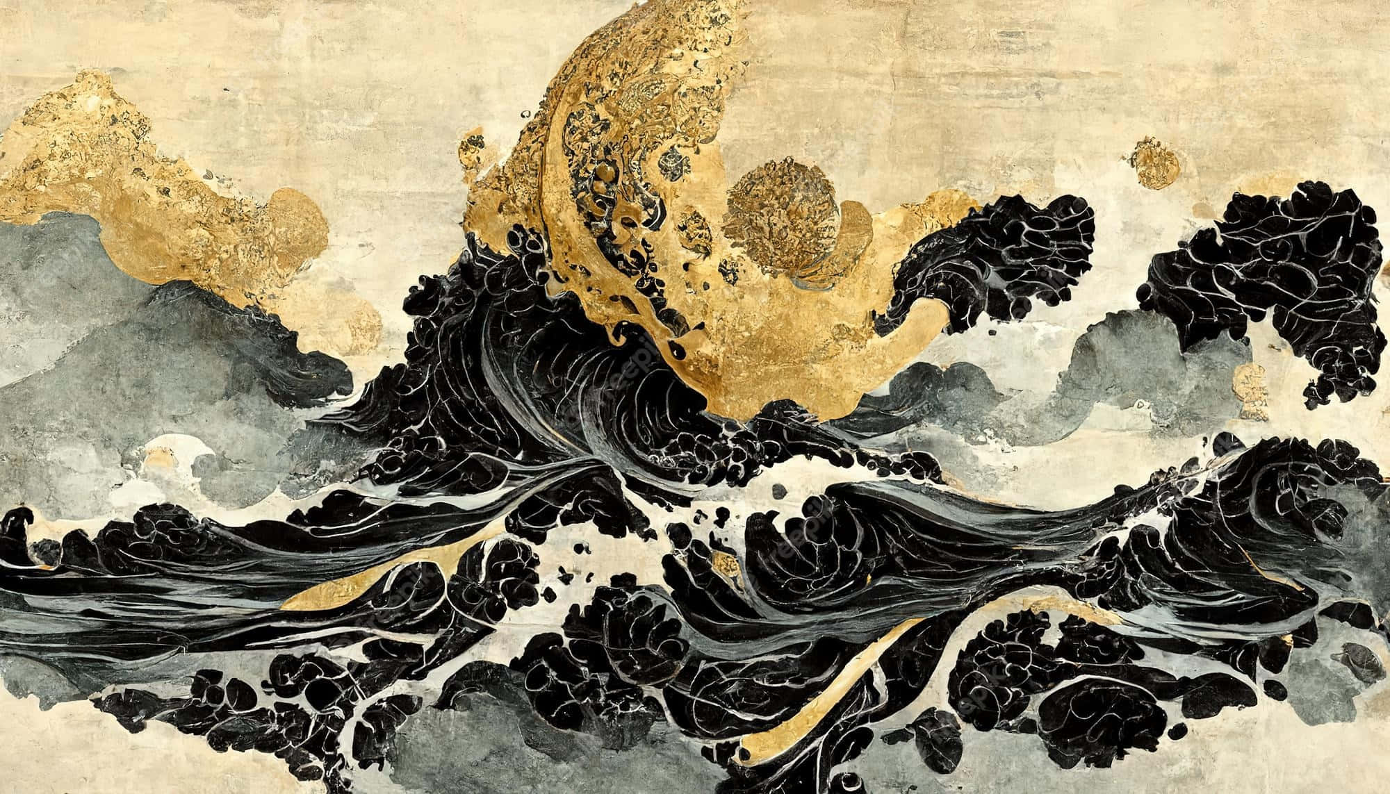 桌布 壁紙 — 在傳統日式風格中，一道戲劇性的波浪以黑色墨水和金箔在紋理米色背景上湧起。