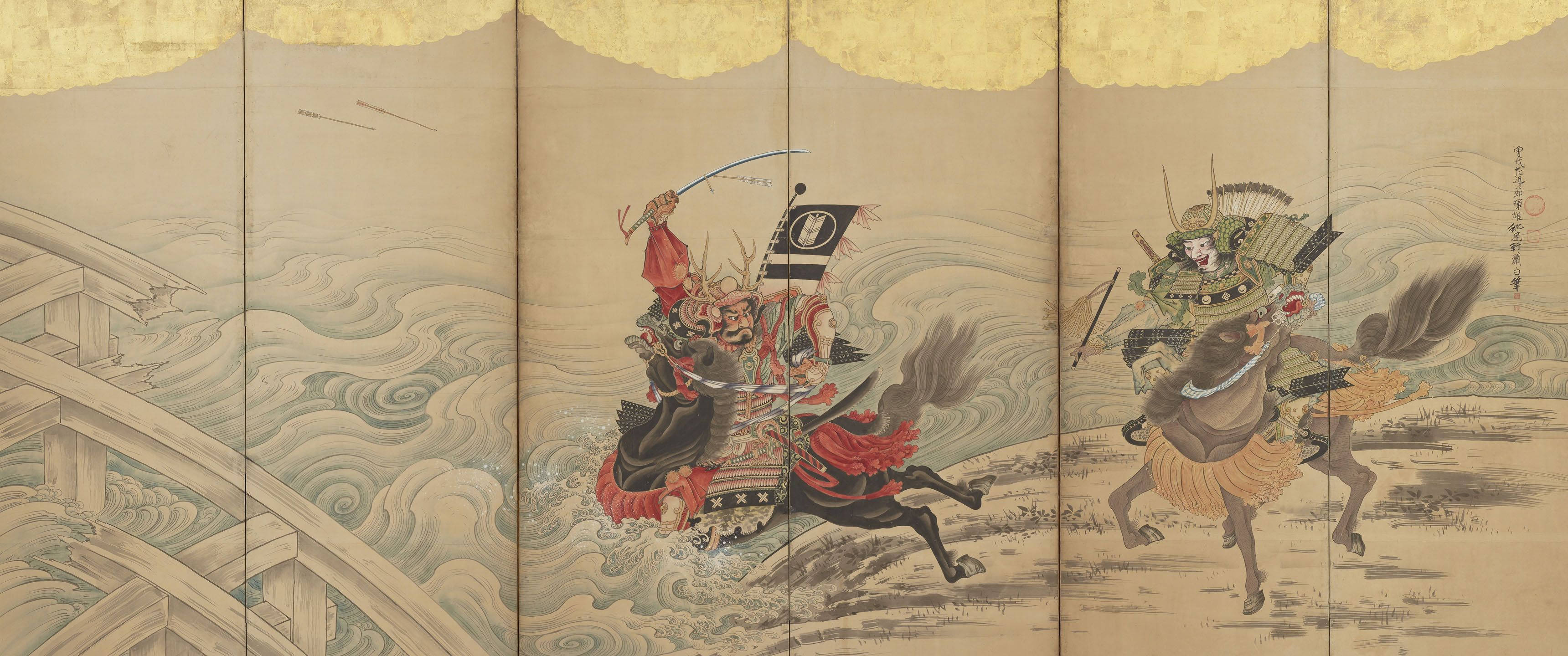日本武士 桌布 壁紙 — 在傳統日本屏風畫中，騎馬的武士戰士在金色天空下於洶湧波濤中交戰。