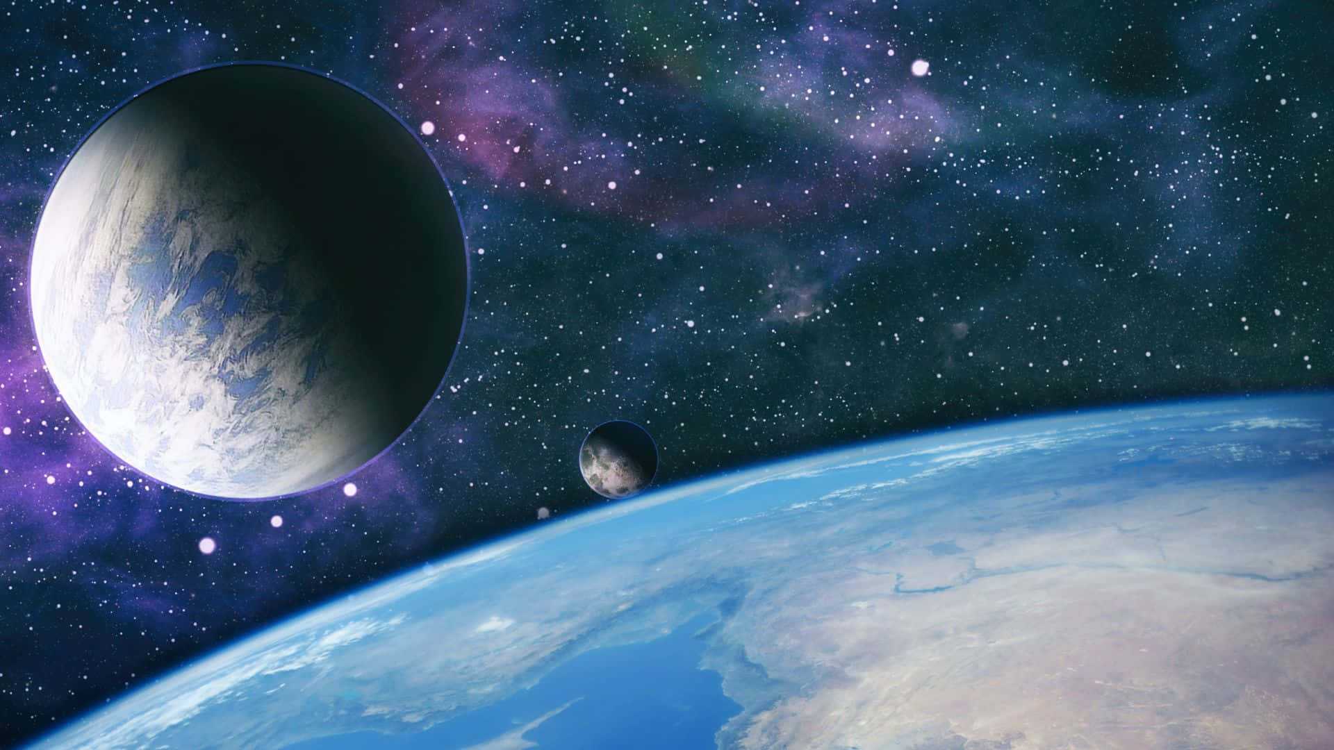 行星動畫 桌布 壁紙 — 在充滿恆星和星雲的充滿活力的宇宙背景下，地球和一顆遙遠行星的壯麗景色。