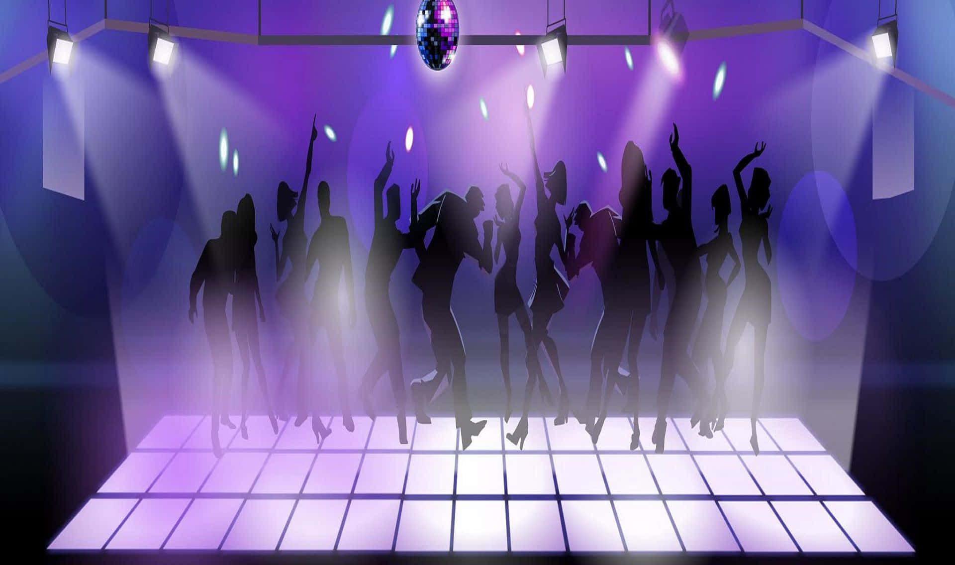 Club Party 桌布 壁紙 — 在充滿活力的夜總會中，剪影舞者在脈動的紫色燈光和閃閃發光的迪斯科球下跳躍旋轉。