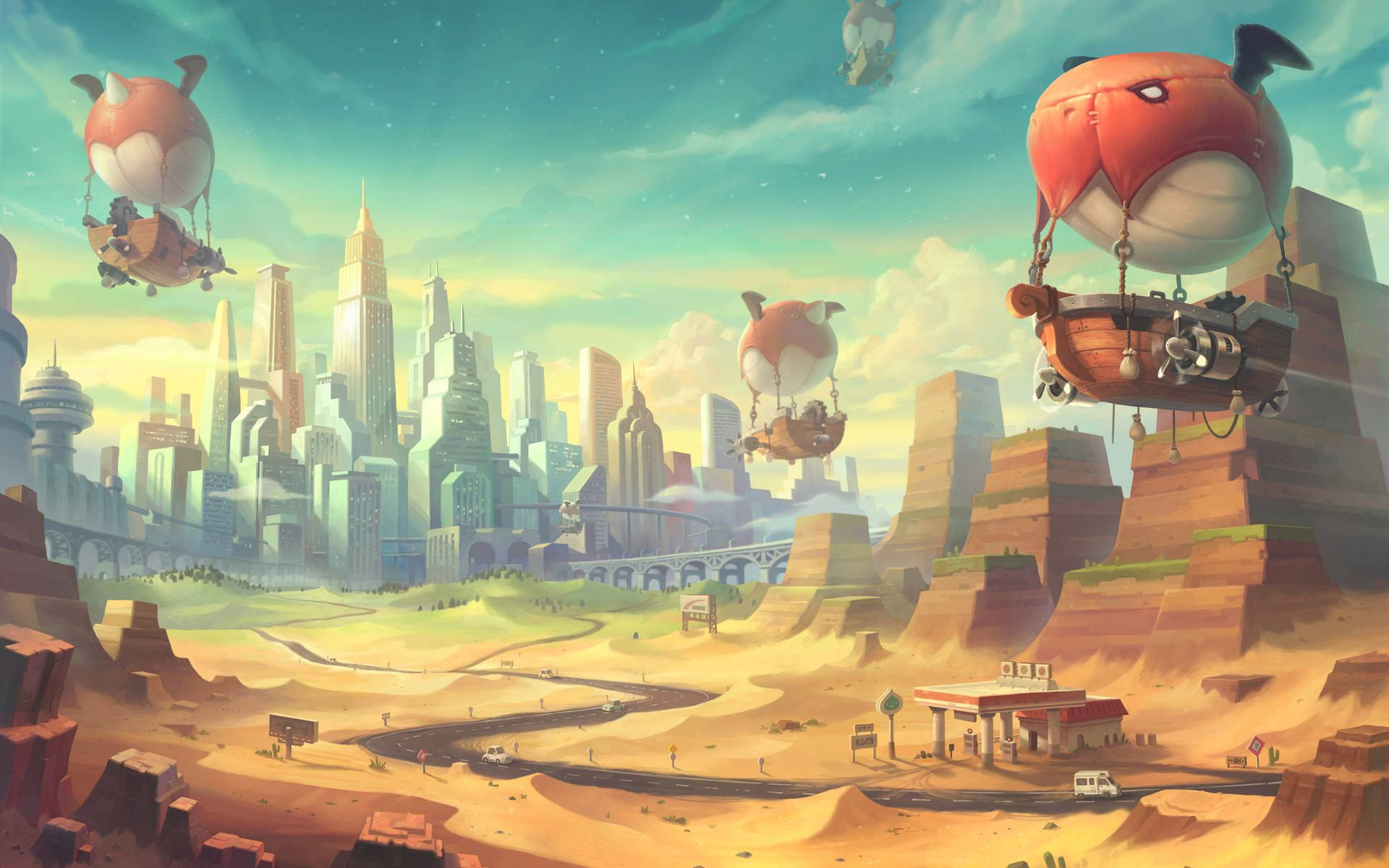 Maplestory 2 桌布 壁紙 — 在充滿活力的天空下，未來主義的城市景觀，有漂浮的狐狸形狀飛船在沙漠地形和加油站上空翱翔。