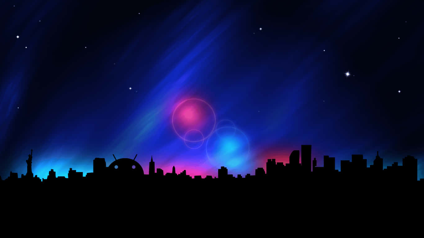 1366x768 Amoled 桌布 壁紙 — 在充滿活力的宇宙天空下，一座未來主義的城市天際線剪影，帶有發光的鏡頭光暈和星星。