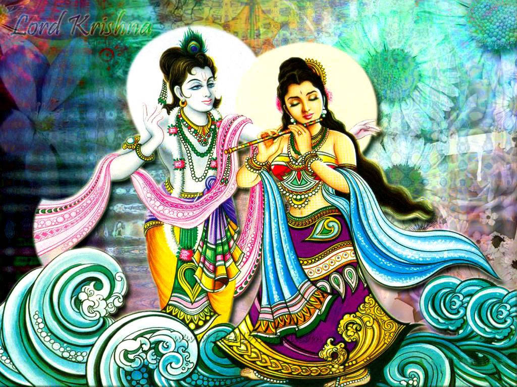 animated krishna 桌布 壁紙 — 在充滿活力的插圖場景中，克里希納勳爵和拉達在旋轉的綠松石波浪中，在光芒四射的光環下跳舞。