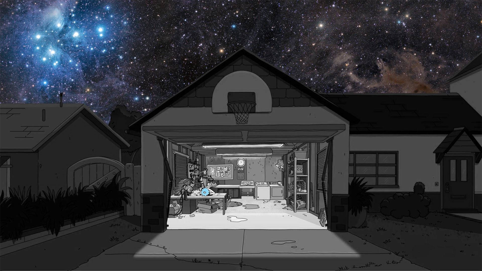 瑞克和莫蒂 桌布 壁紙 — 在充滿活力的星空下，夜晚的單色郊區車庫，敞開的門上方有一個籃球框。