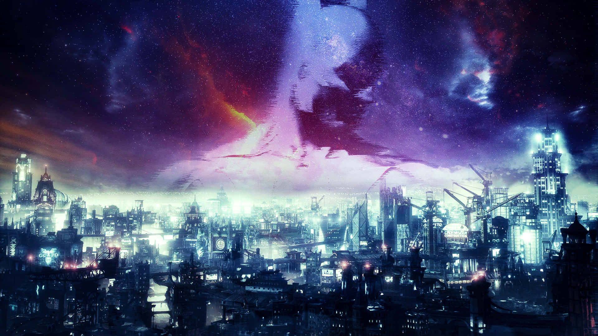 藝術 桌布 壁紙 — 在充滿活力的星雲和發光的摩天大樓下的宇宙天空中的未來城市夜景。