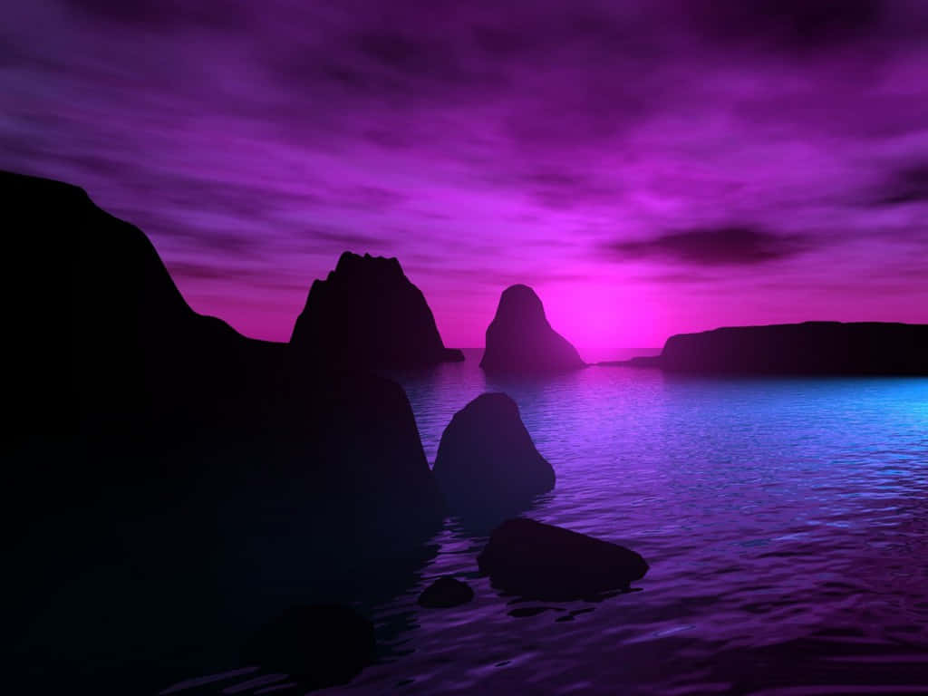 Pretty Aesthetic Computer 桌布 壁紙 — 在充滿活力的暮色天空下，剪影岩石從發光的紫色和藍色水域中升起。
