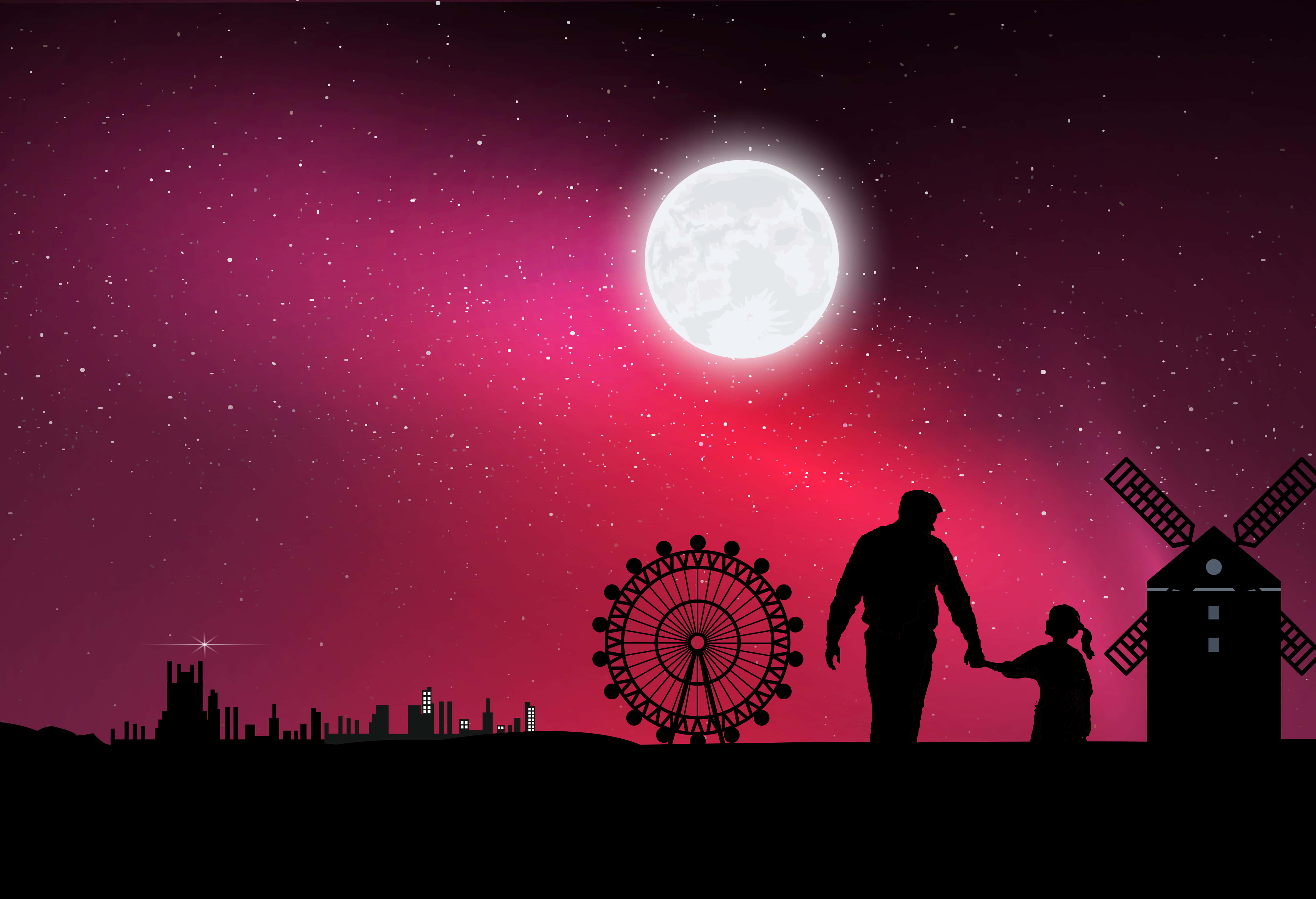月光 桌布 壁紙 — 在充滿活力的洋紅色夜空、發光的滿月和繁星背景下，父母和孩子手牽手的剪影。