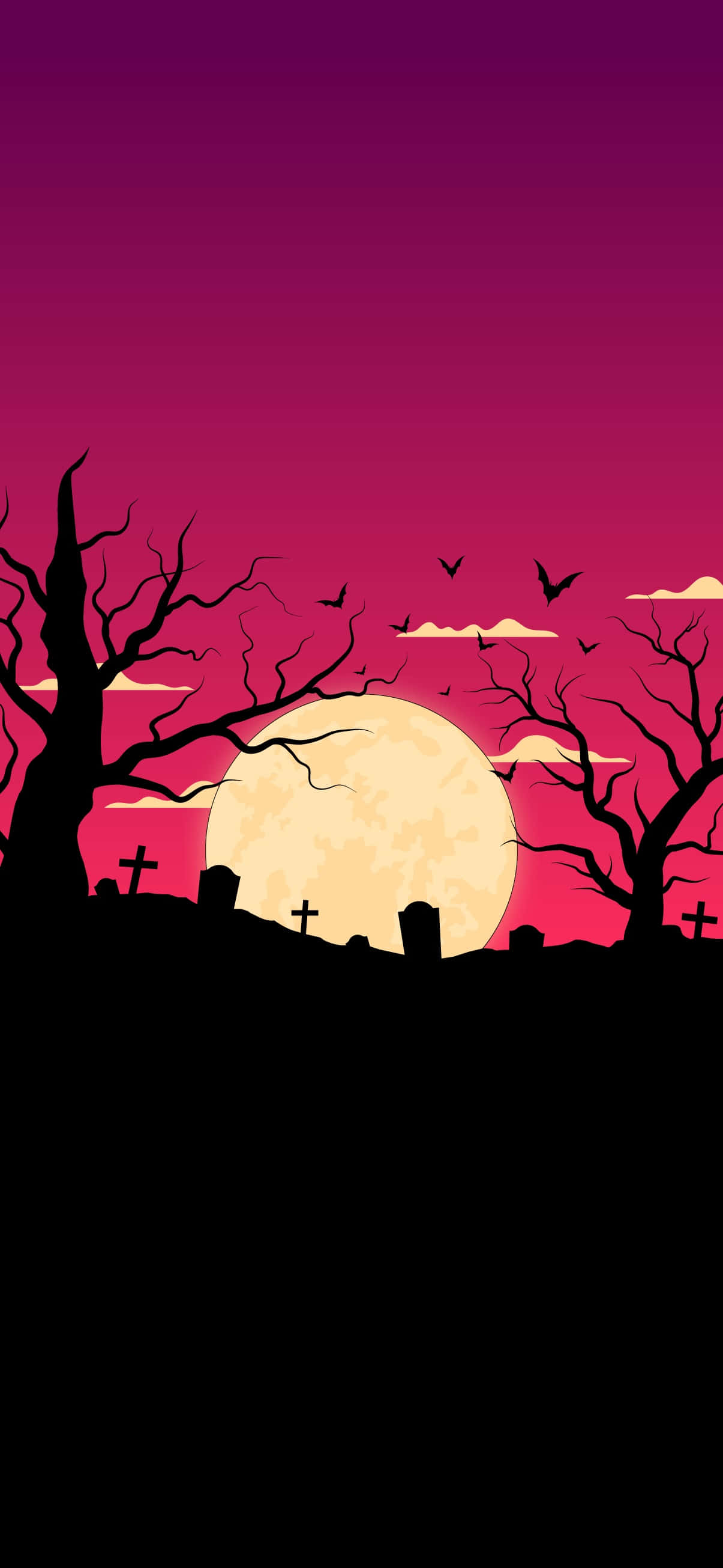 Halloween Phone 桌布 壁紙 — 在充滿活力的洋紅色天空下，發光的滿月襯托著一個陰森的墓地剪影，蝙蝠飛舞。