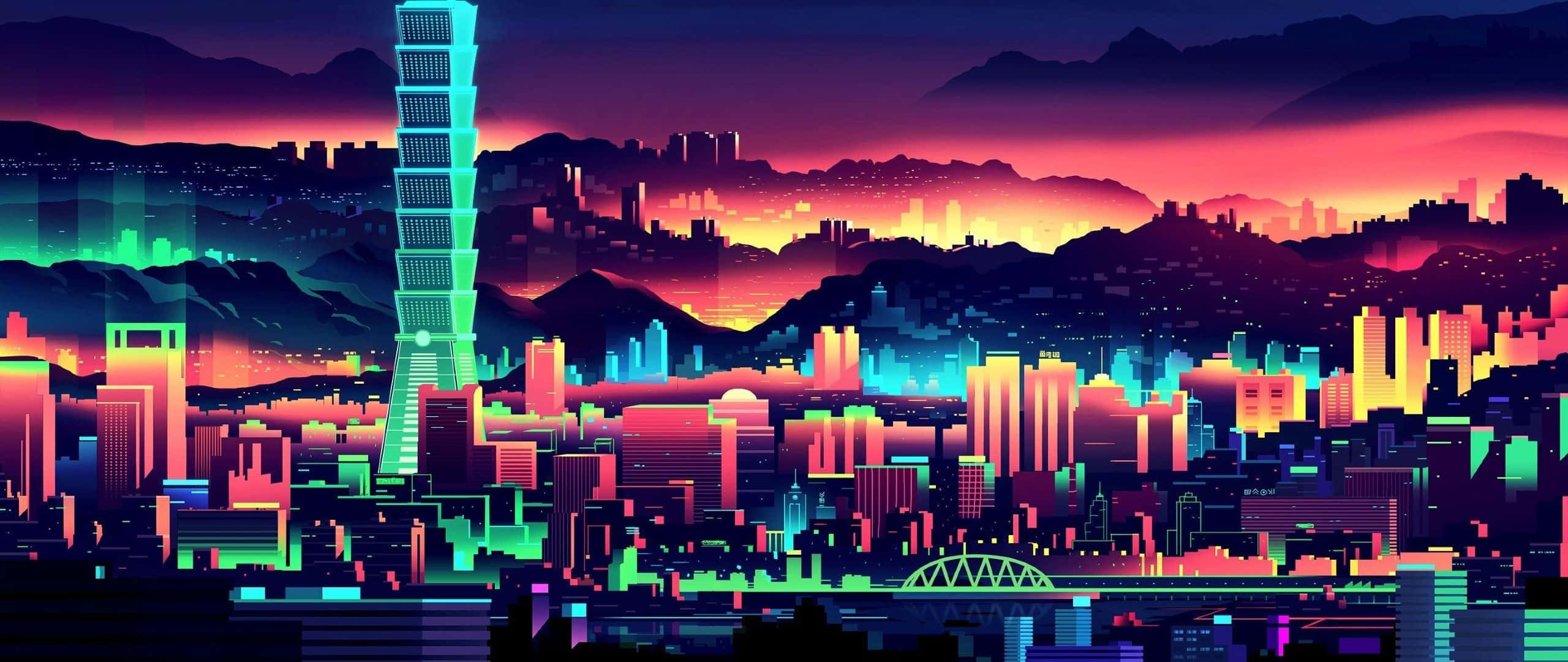 2560x1080 Minimal 桌布 壁紙 — 在充滿活力的粉紅色和紫色天空下，霓虹燈閃爍的未來城市景觀，摩天大樓和山脈在黃昏中發光。