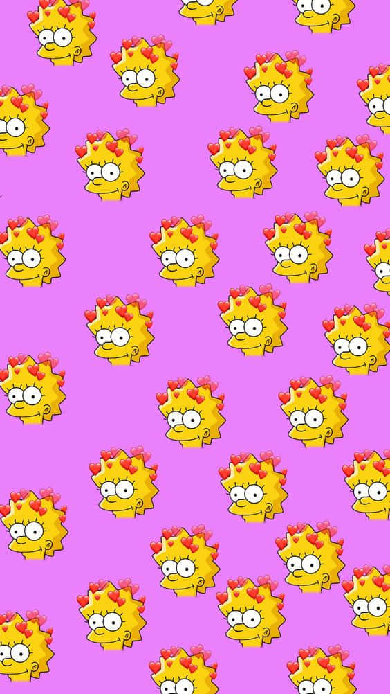 Simpsons Aesthetic 桌布 壁紙 — 在充滿活力的粉紅色背景上重複出現的莉莎·辛普森臉部圖案，帶有紅色蝴蝶結。