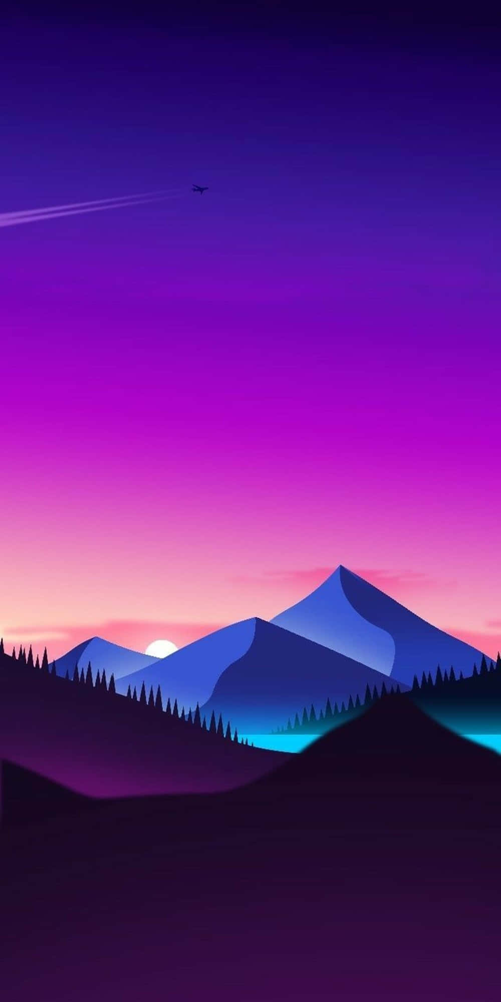 Animated Phone 桌布 壁紙 — 在充滿活力的紫色和粉紅色日落天空下，一個風格化的山脈，有一架孤獨的飛機留下痕跡。