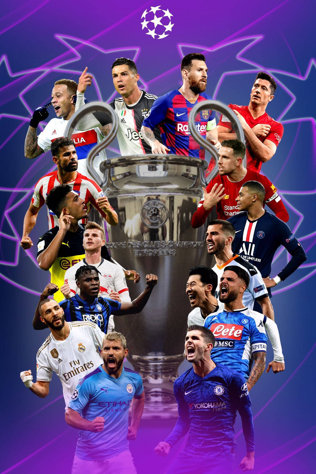 Uefa 桌布 壁紙 — 在充滿活力的紫色星爆背景下，慶祝圍繞歐冠獎盃的足球傳奇。