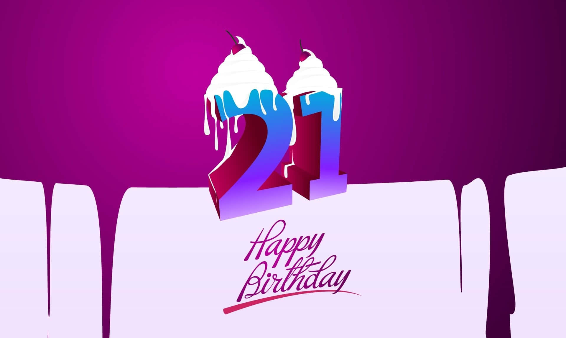 Birthday Wishes 桌布 壁紙 — 在充滿活力的紫色背景上，帶有滴落糖霜和櫻桃的醒目21歲生日數字，並配有慶祝文字。