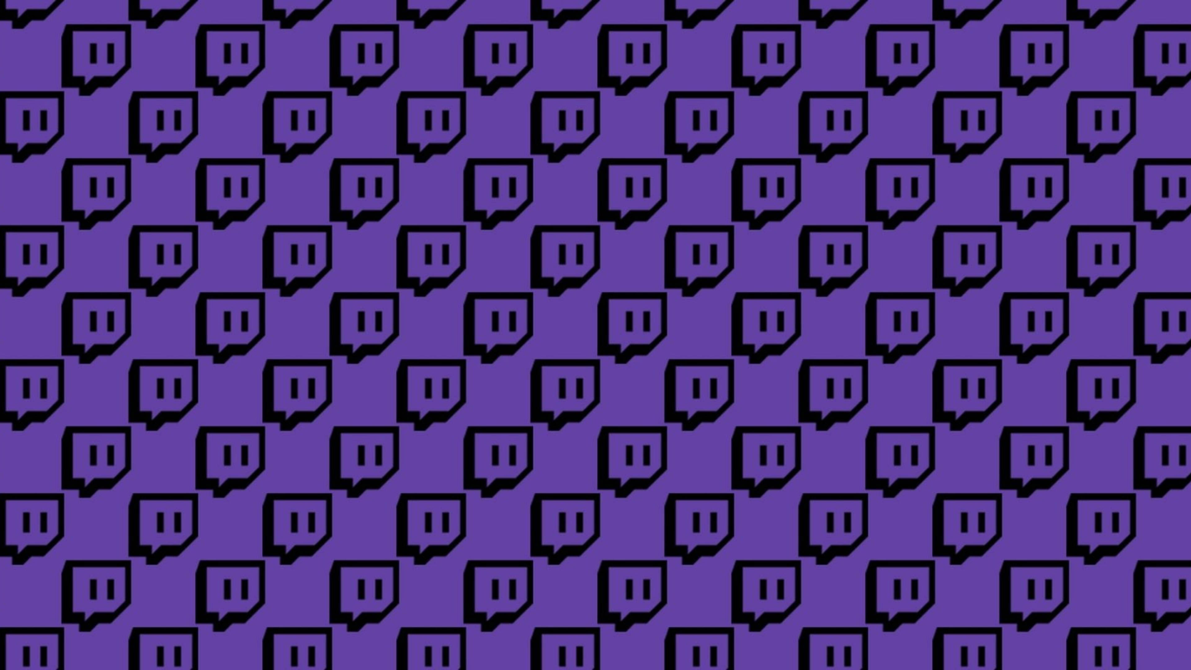 Twitch 桌布 壁紙 — 在充滿活力的紫色背景上重複出現的黑色 Twitch 標誌圖案。