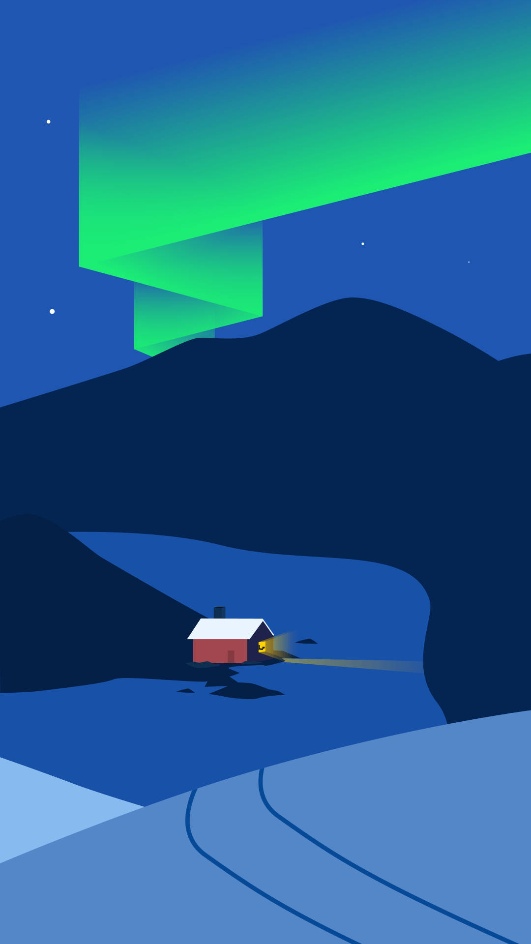 夜晚綠色北極光下雪河邊的紅色小屋 — 簡約 Android 桌布 壁紙