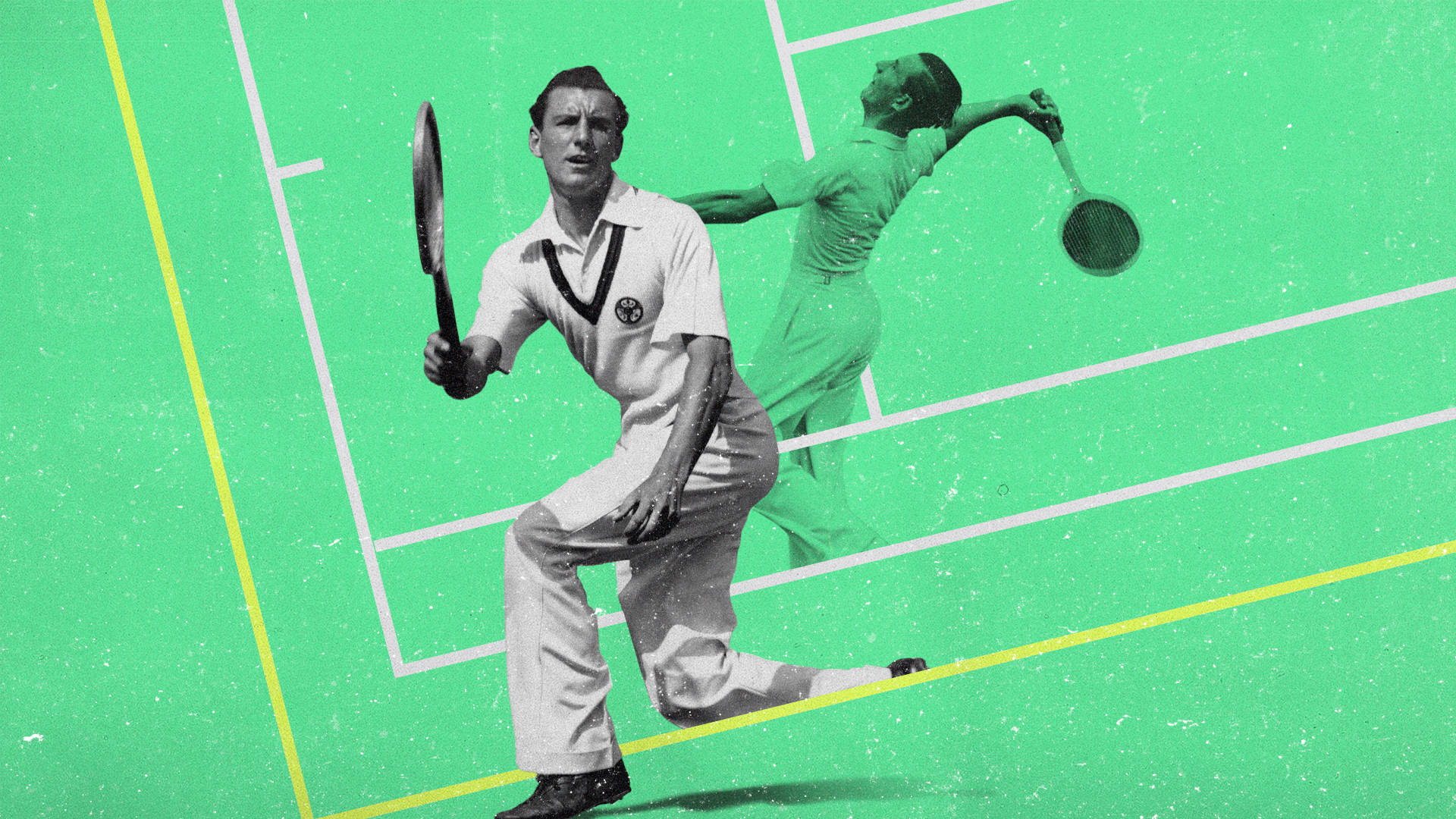 Tennis 桌布 壁紙 — 在充滿活力的綠色球場上，以白色和黃色線條為背景，兩位復古網球選手以單色動作姿勢呈現。
