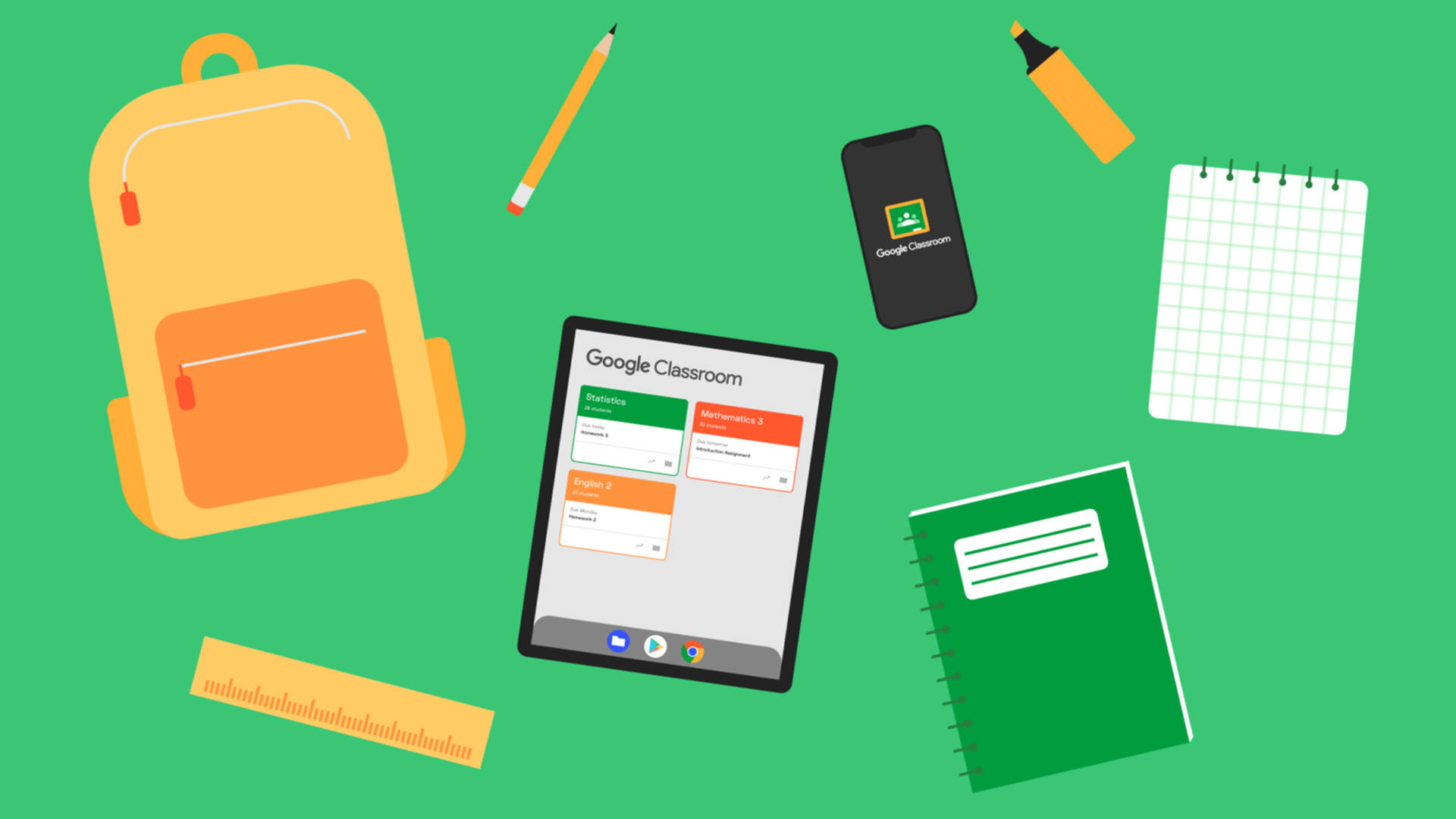  壁紙 — 在充滿活力的綠色背景上，學校用品和 Google Classroom 平板電腦的平面向量插圖。