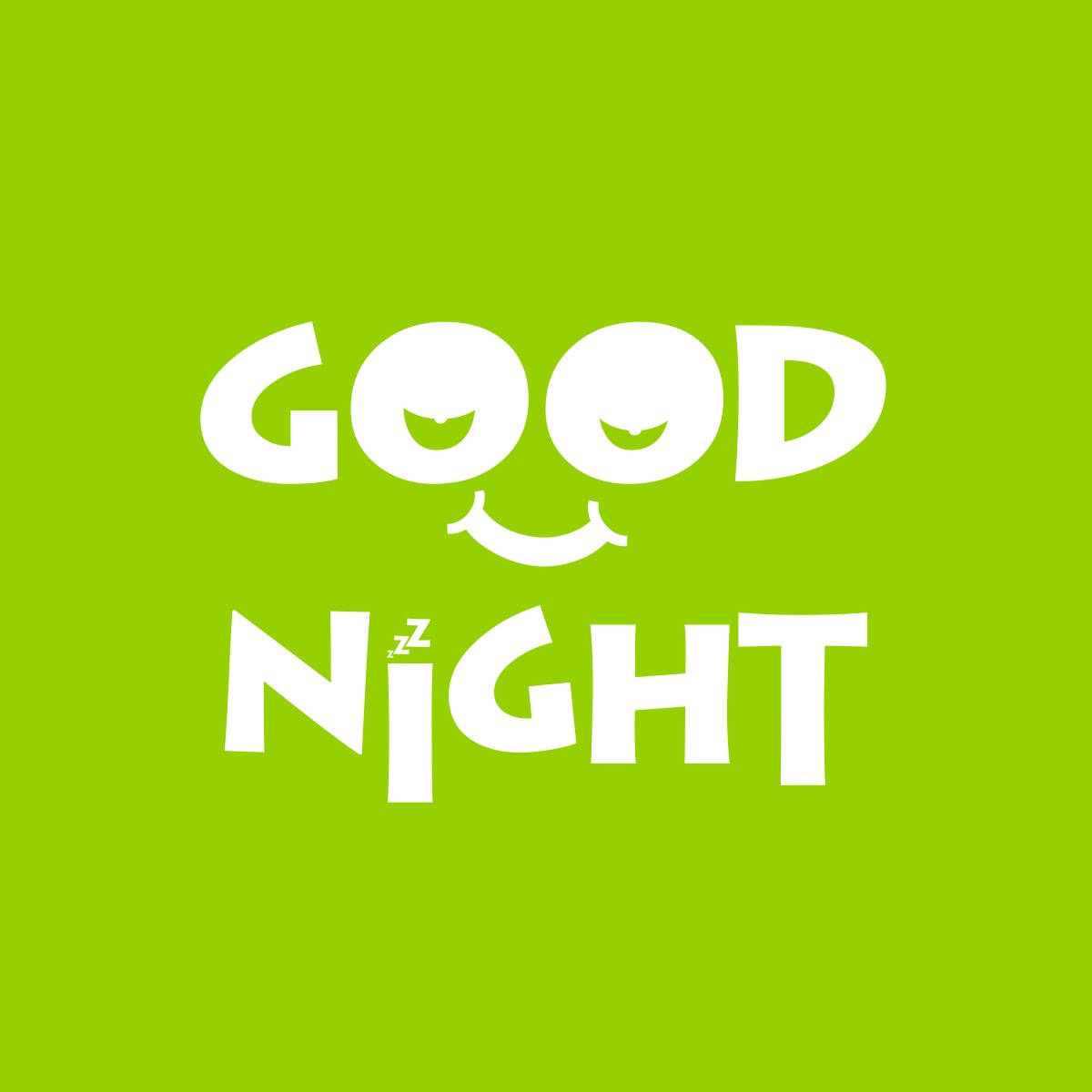 Good Night 桌布 壁紙 — 在充滿活力的萊姆綠色背景上，帶有睡眼和微笑的粗體白色「晚安」文字。