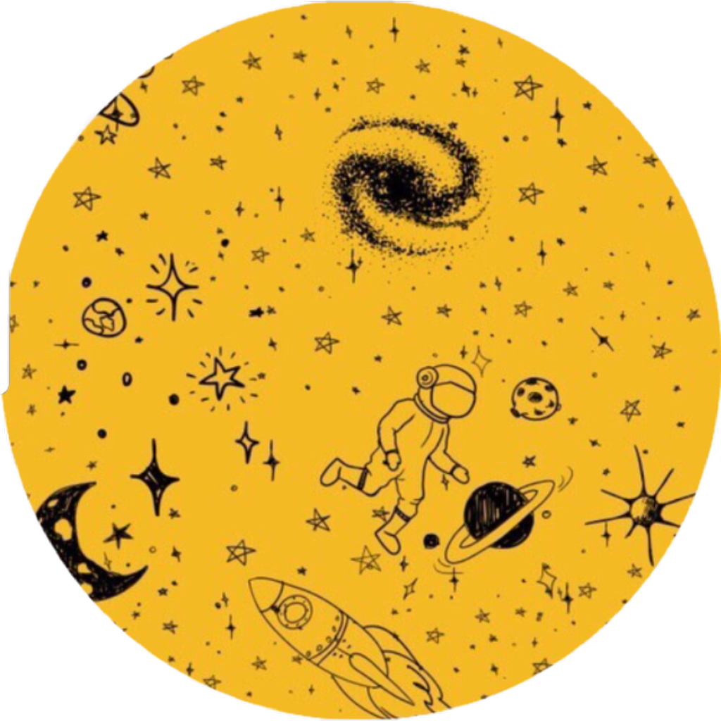 美學 Tumblr 桌布 壁紙 — 在充滿活力的黃色圓形背景上，一個古怪的黑色線條繪畫，描繪一名太空人在星星、行星和火箭之間漂浮。