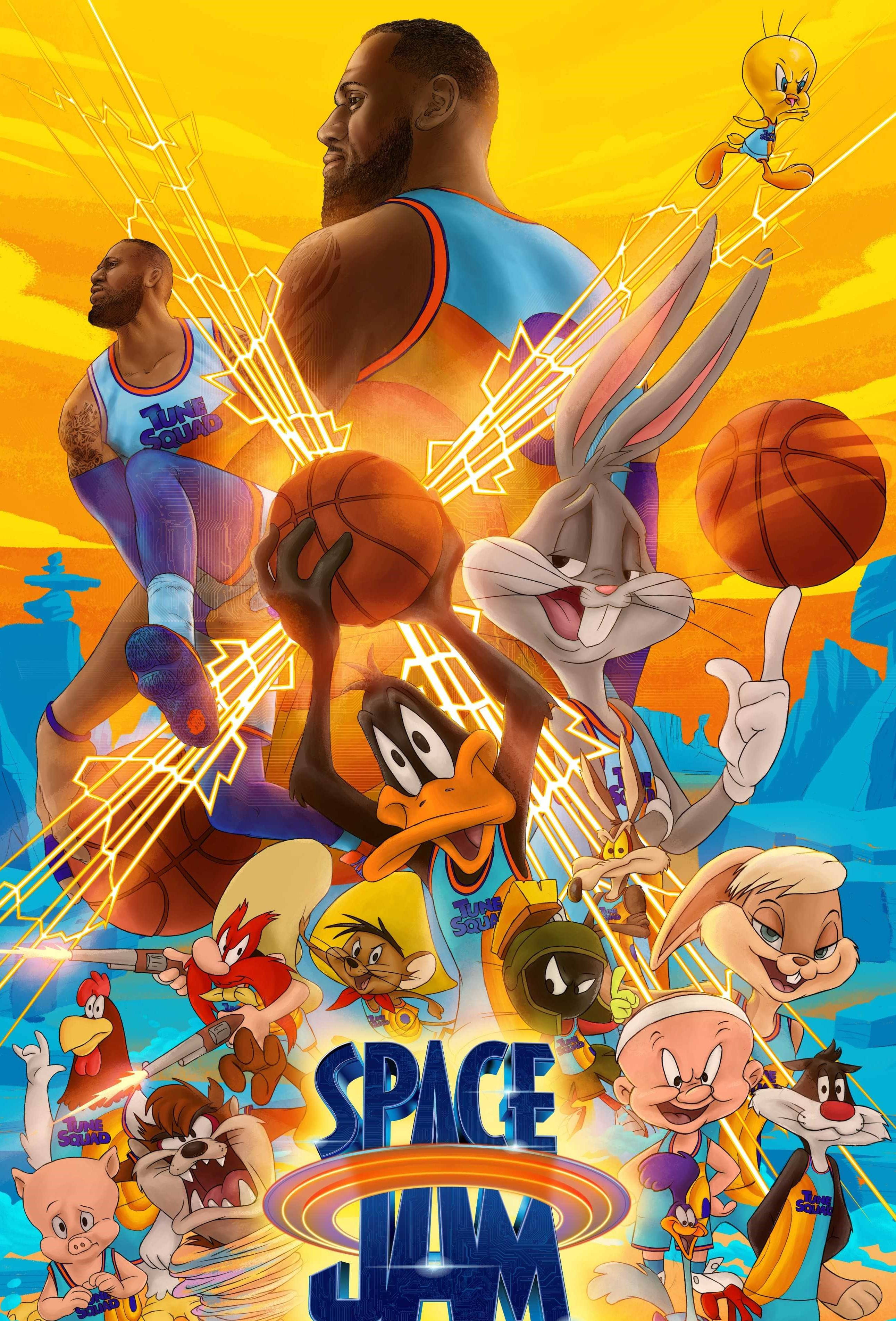 Space Jam 2 桌布 壁紙 — 在充滿活力的黃藍宇宙背景下，Looney Tunes 卡通明星與 NBA 球員之間的動態籃球對決。