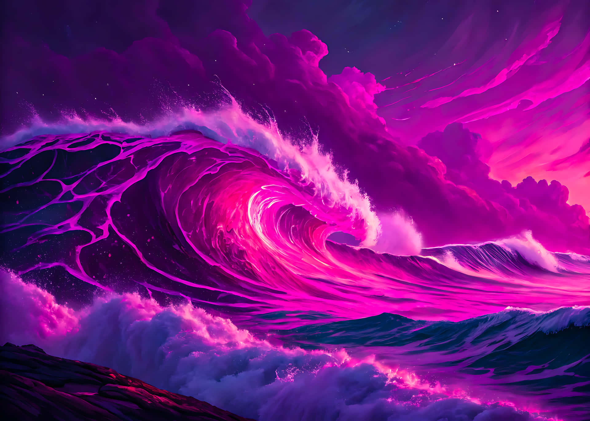 Sunset over mountain waves paints the sky with pink and blue light 壁紙 — 在充滿發光雲層的暴風雨天空下，巨大的波浪以鮮豔的洋紅色和紫色色調捲起。