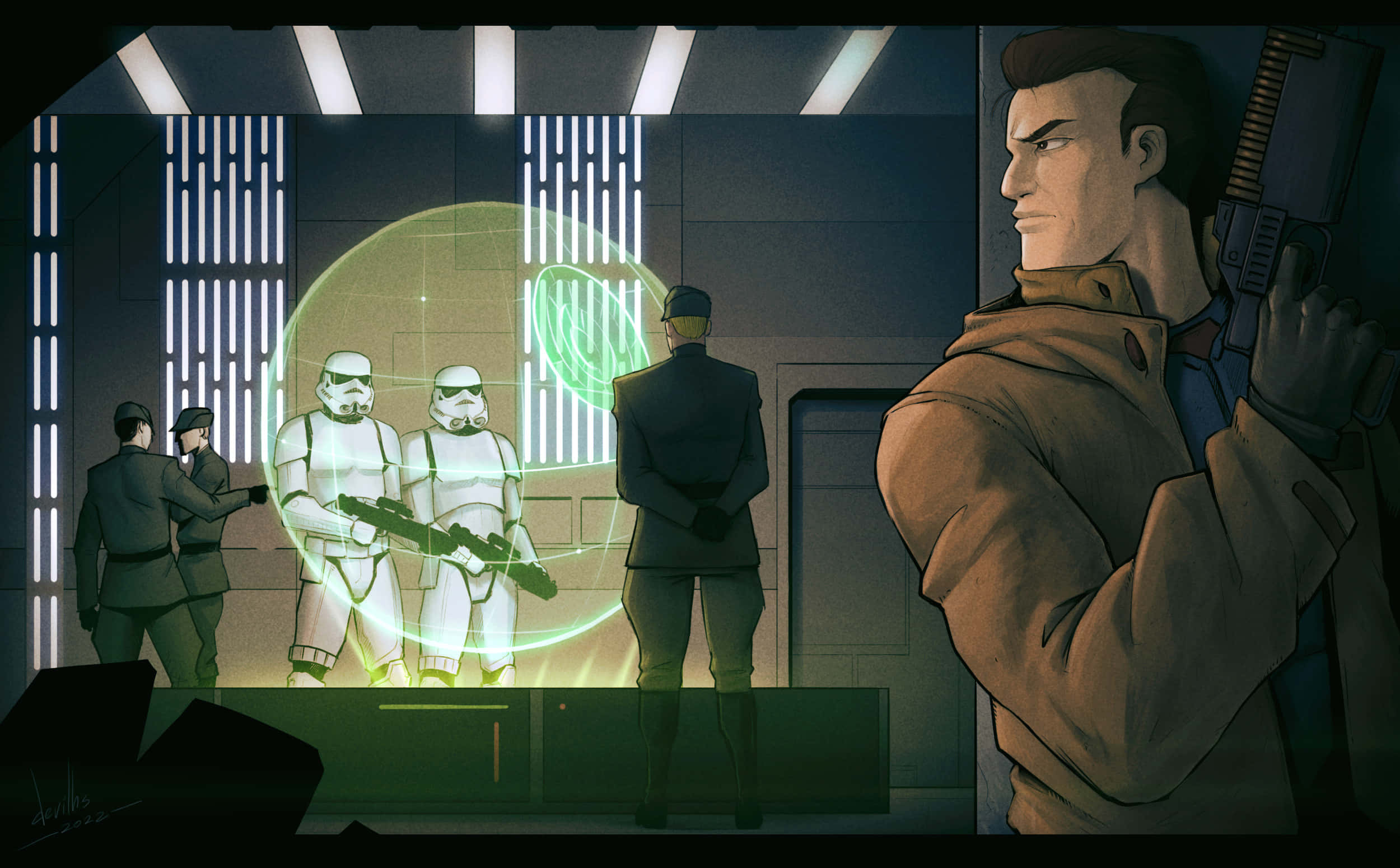 Dark Forces 桌布 壁紙 — 在光線昏暗的科幻走廊中，武裝士兵與被困在發光綠色能量場中的風暴兵展開緊張對峙。