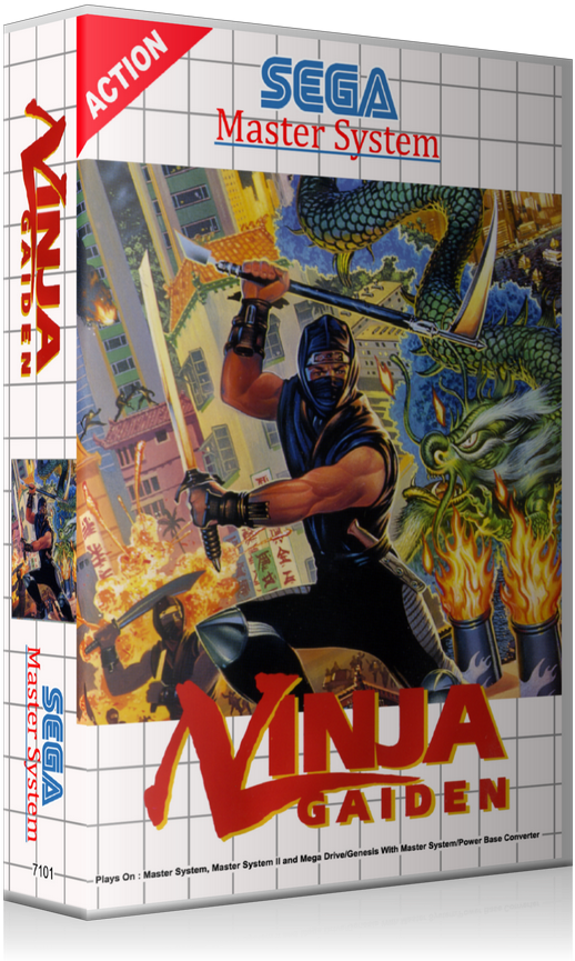 忍者 桌布 壁紙 — 在動態的Sega Master System遊戲盒藝術插圖中，一名忍者戰士揮刀斬向一條火焰巨龍。