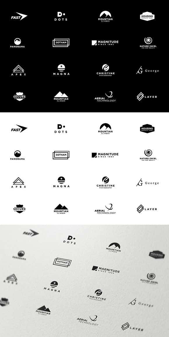 Minimalist Logo 桌布 壁紙 — 在包括黑色、白色和紋理紙在內的對比背景上顯示的極簡黑白標誌網格。