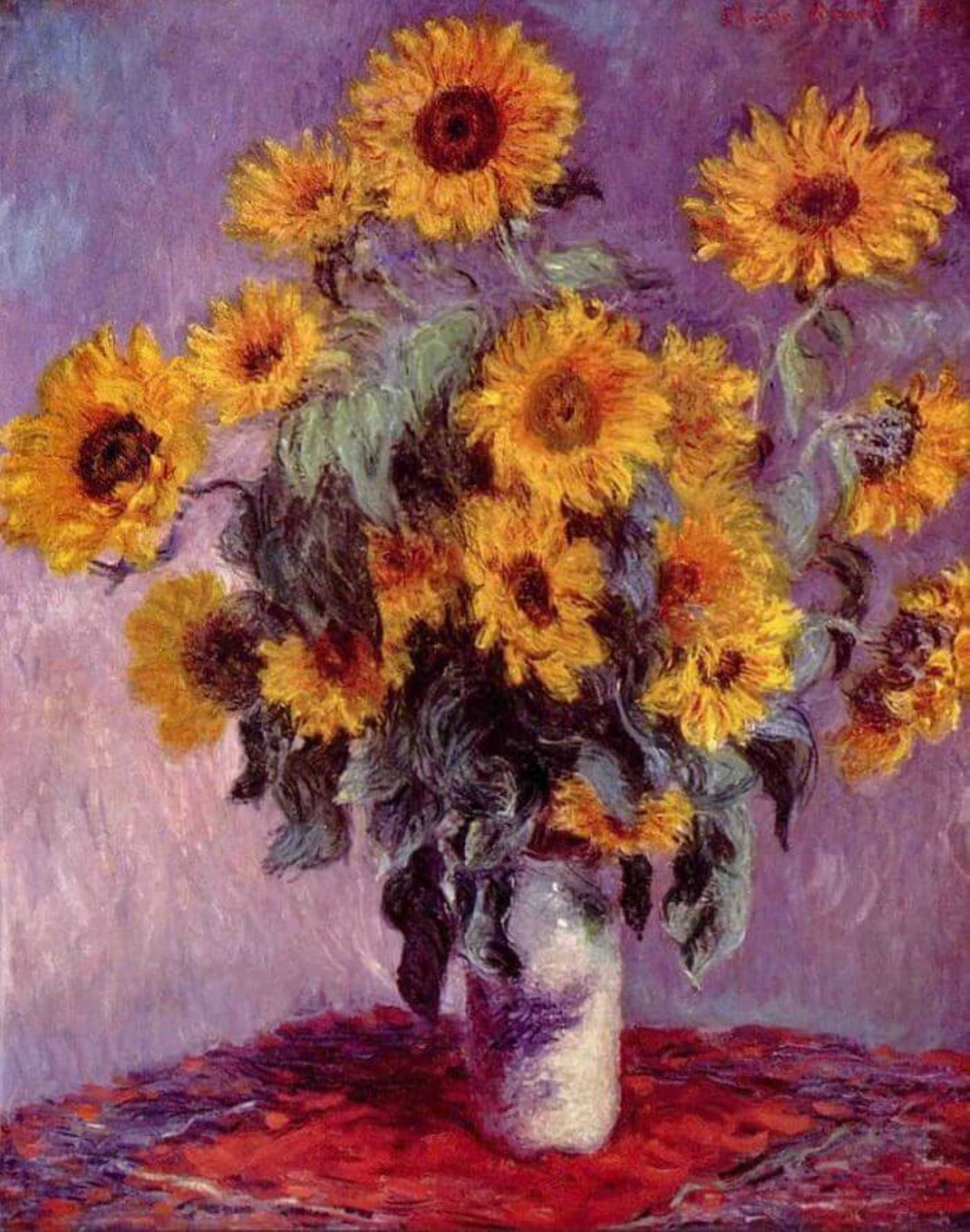 Monet 桌布 壁紙 — 在印象派畫作中，白色花瓶中的鮮豔向日葵放在紅色布上，背景是紫色牆壁。