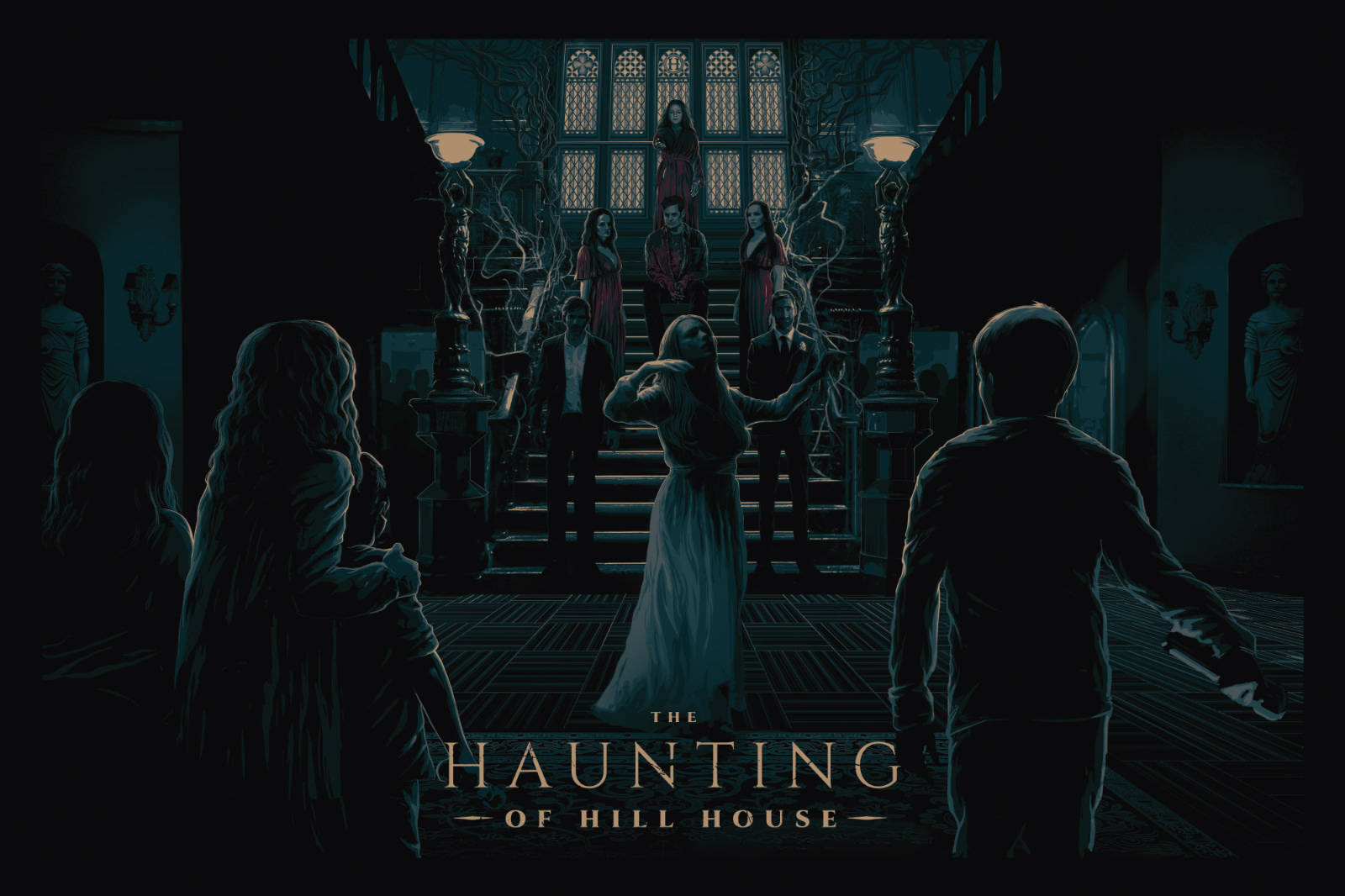 Haunting 桌布 壁紙 — 在哥德式大宅中，燈光詭異的宏偉樓梯上，身穿紅色和白色長袍的幽靈人物與剪影訪客對峙。