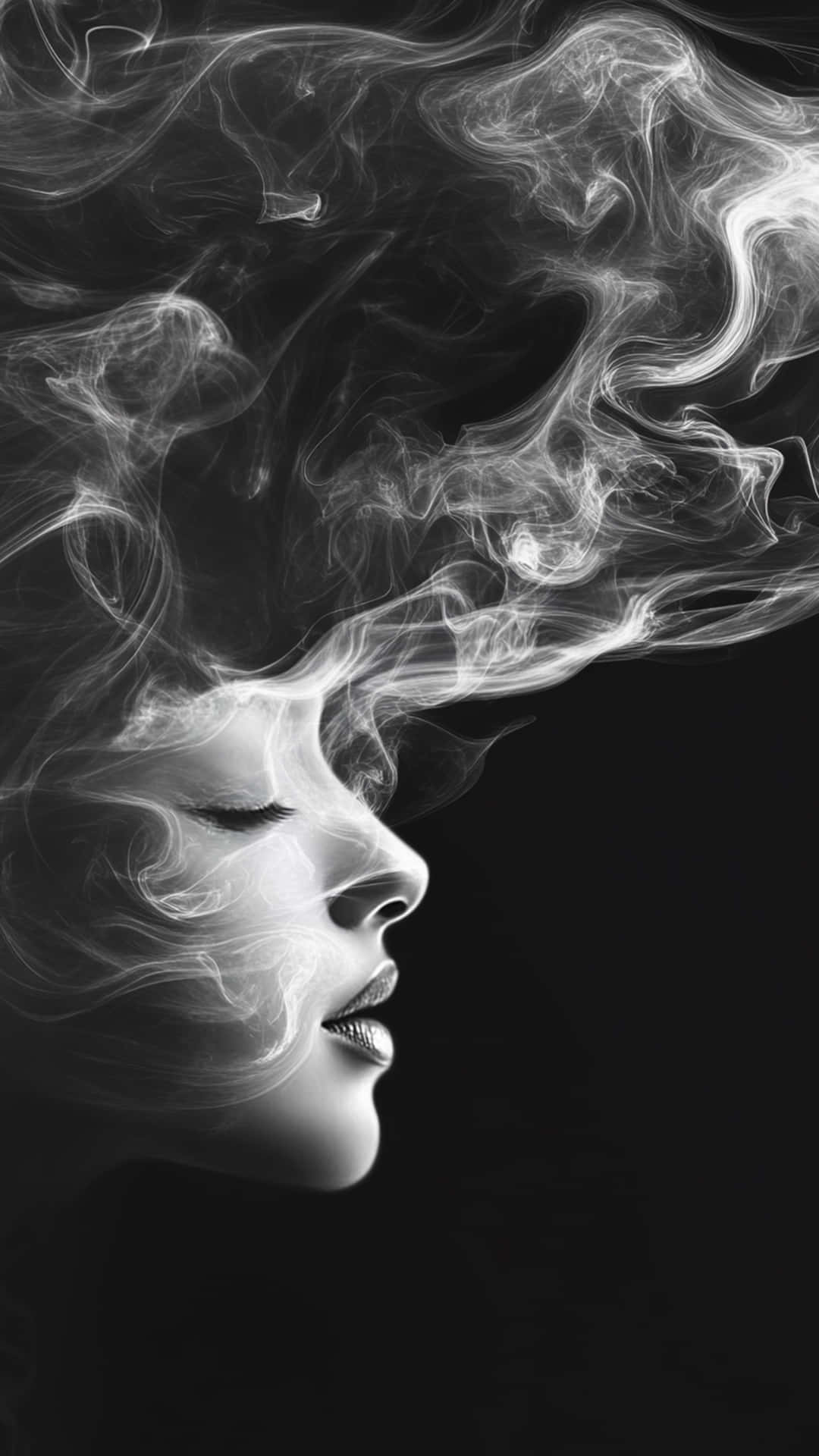 Young lady with smoke background 壁紙 — 在單色調的強烈黑色背景下，一位女性的寧靜側面從旋轉的煙霧中浮現。