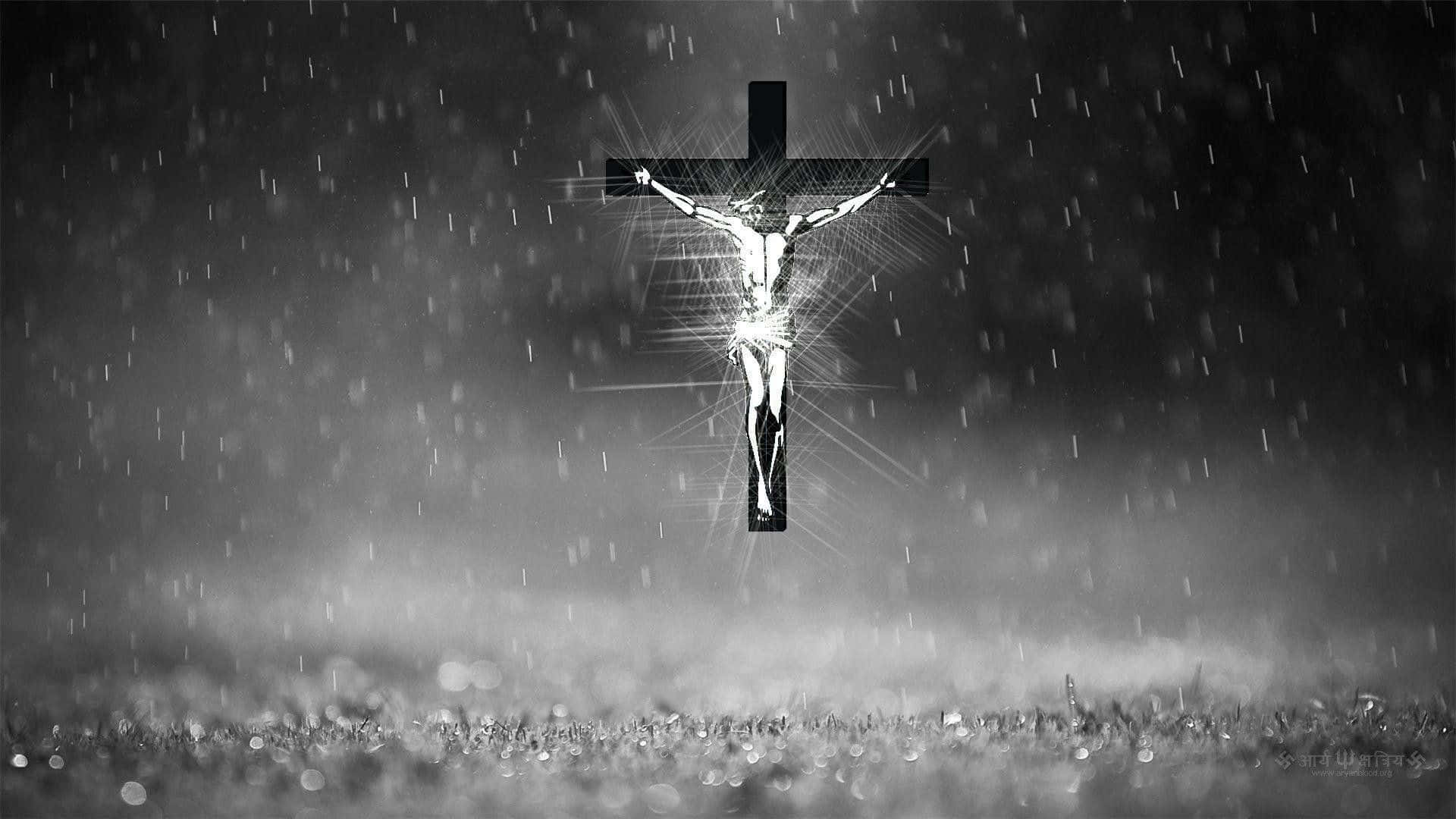 Black Cross 桌布 壁紙 — 在單色雨中發光的 crucifixion 場景，人物身上迸發出耀眼的光芒，映襯著黑暗的暴風雨天空。