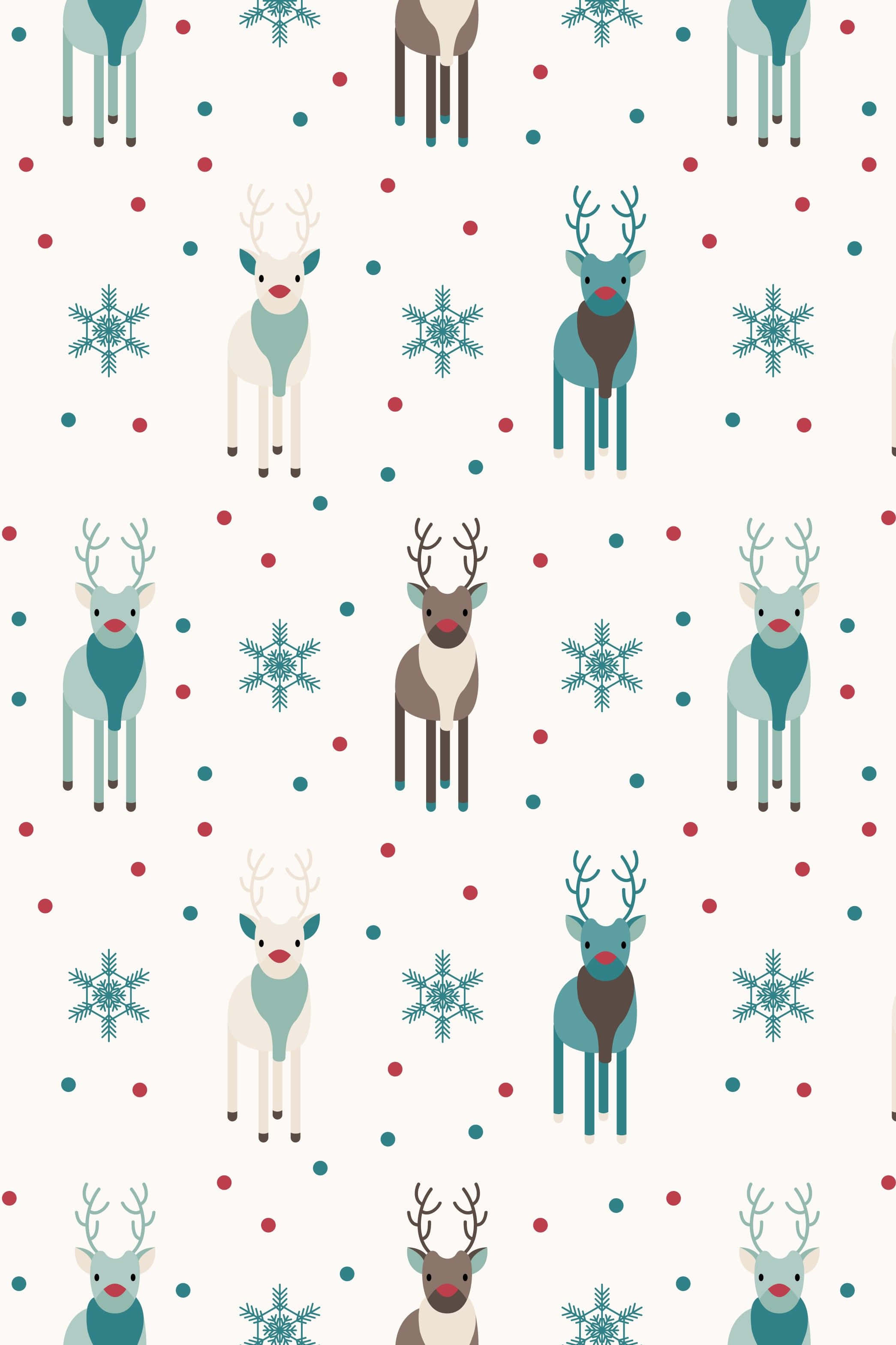 Christmas Pattern 桌布 壁紙 — 在圓點背景上，馴鹿和雪花以青綠色、紅色和奶油色呈現，適合節日裝飾。