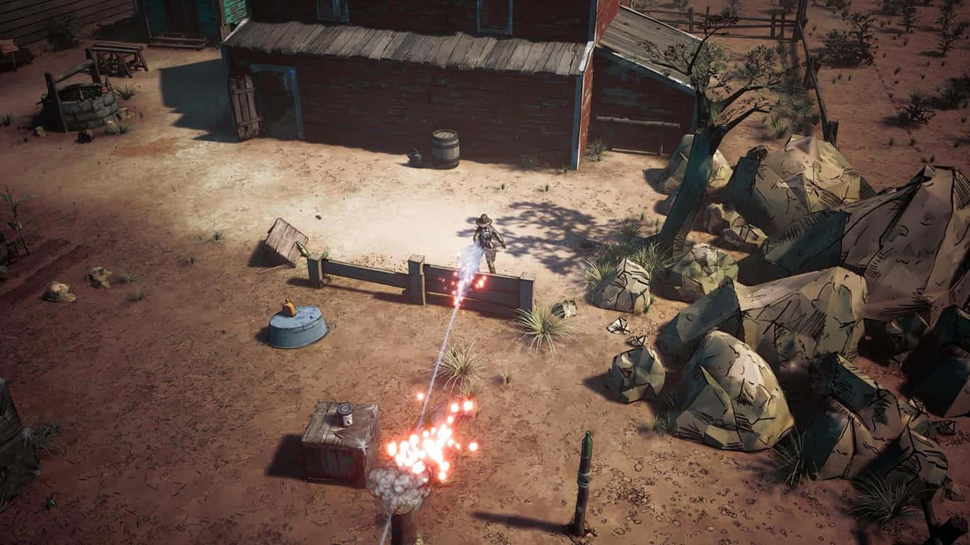 1366x768 Strange Brigade 桌布 壁紙 — 在塵土飛揚的西部小鎮，一名牛仔在明亮的日光下向木柵欄發射火焰彈。