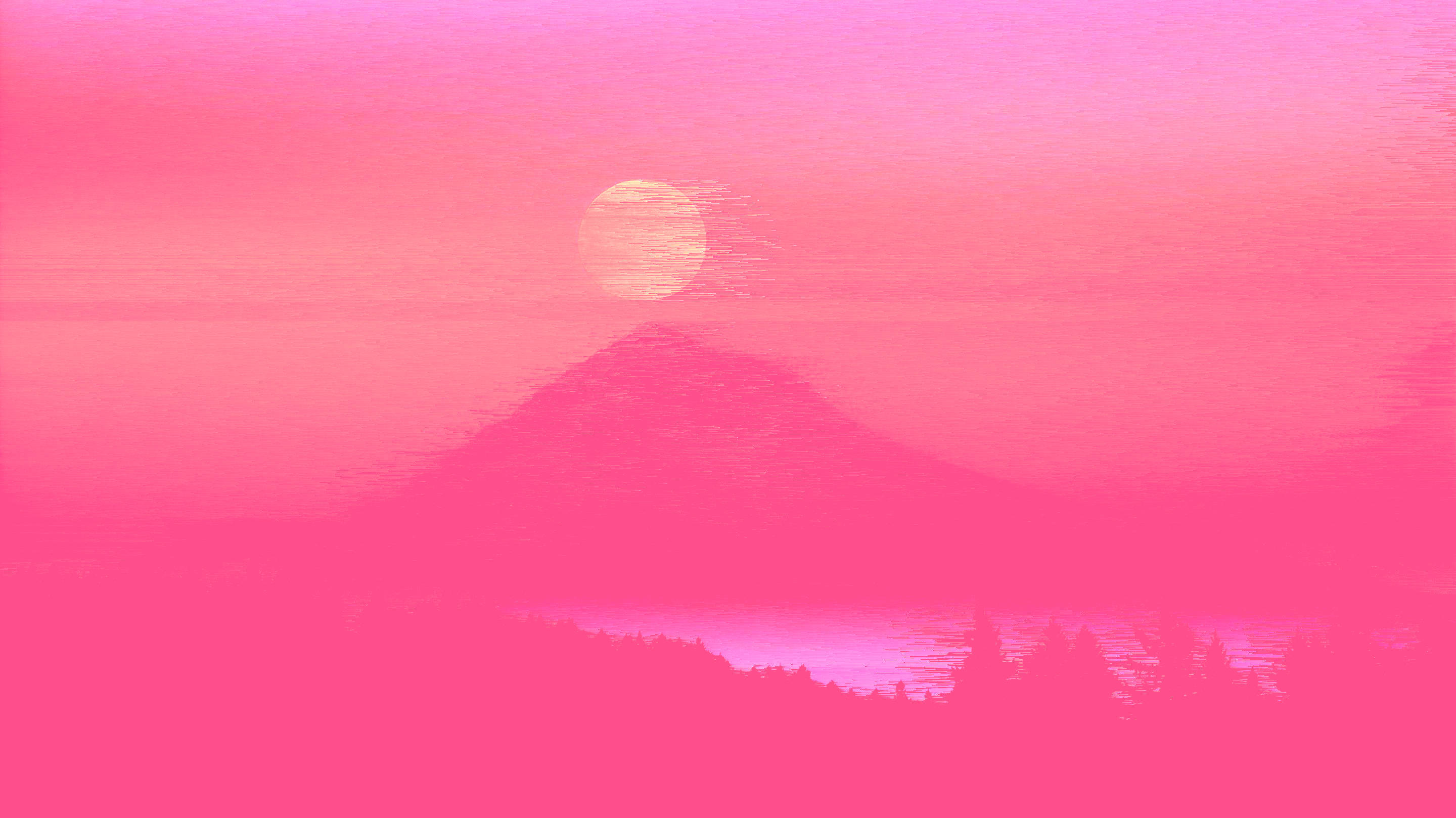 粉紅色 桌布 壁紙 — 在夕陽下，寧靜的山脈輪廓沐浴在充滿活力的粉紅色調中，伴隨著發光的太陽。