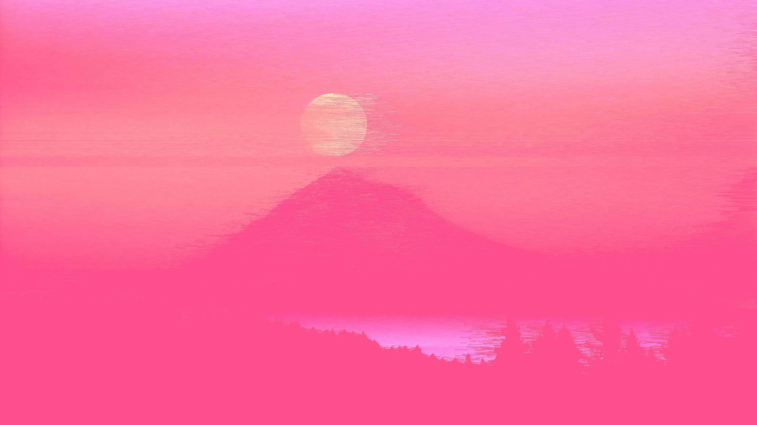 Mountain Aesthetic 桌布 壁紙 — 在夕陽下，柔和的水彩筆觸勾勒出寧靜的粉紅色山脈輪廓，伴隨著發光的太陽。