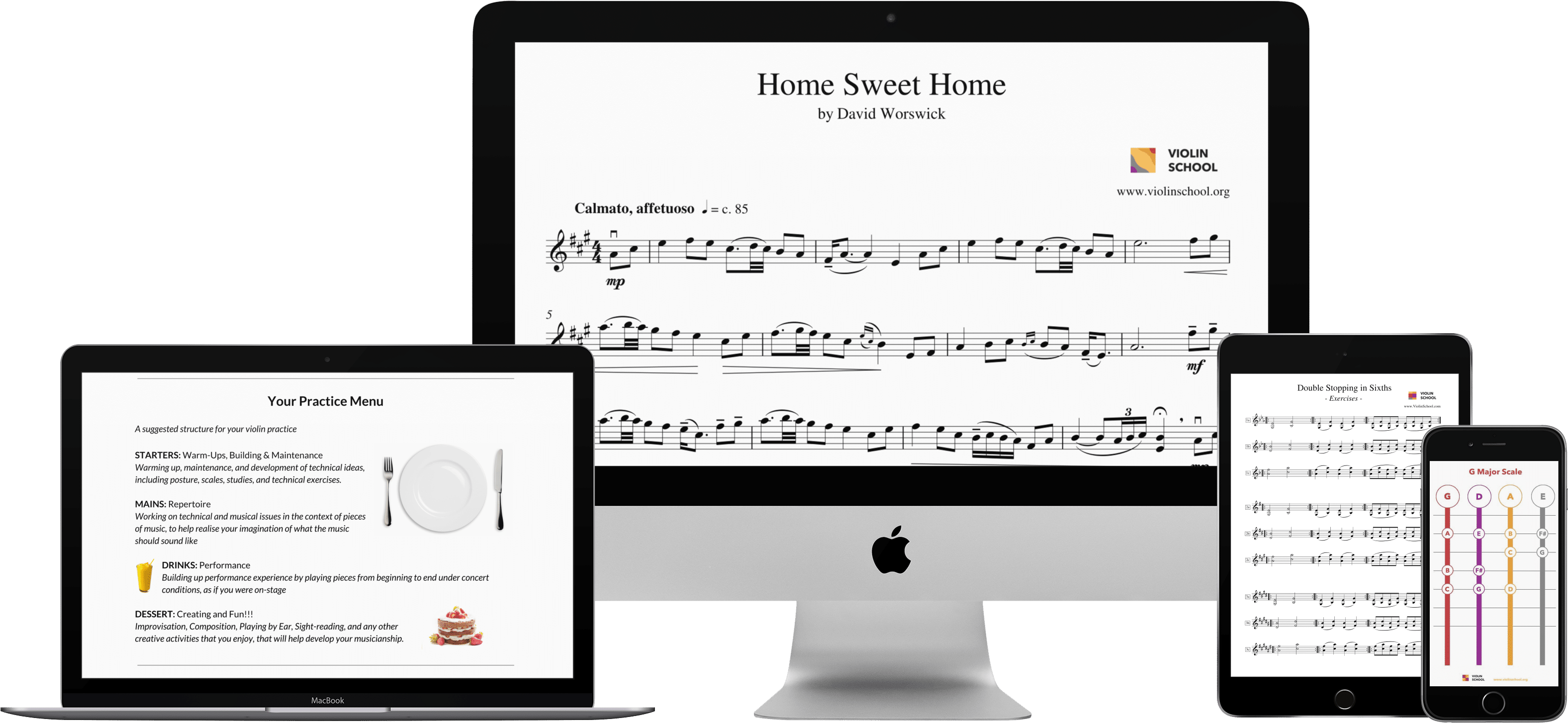 白色 iPhone 桌布 壁紙 — 在多個裝置上顯示的數位音樂學習介面，展示小提琴樂譜和練習選單。