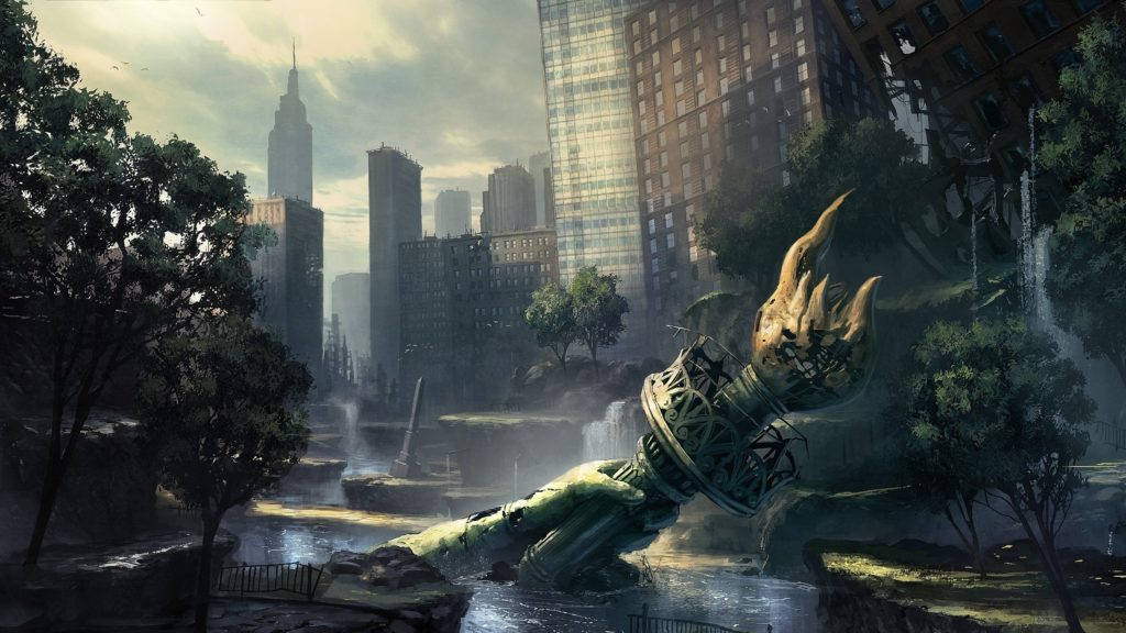 城市藝術 桌布 壁紙 — 在多雲的天空下，一條巨大的斷裂火炬躺在一條被茂密樹木和高聳城市摩天大樓包圍的河流中。