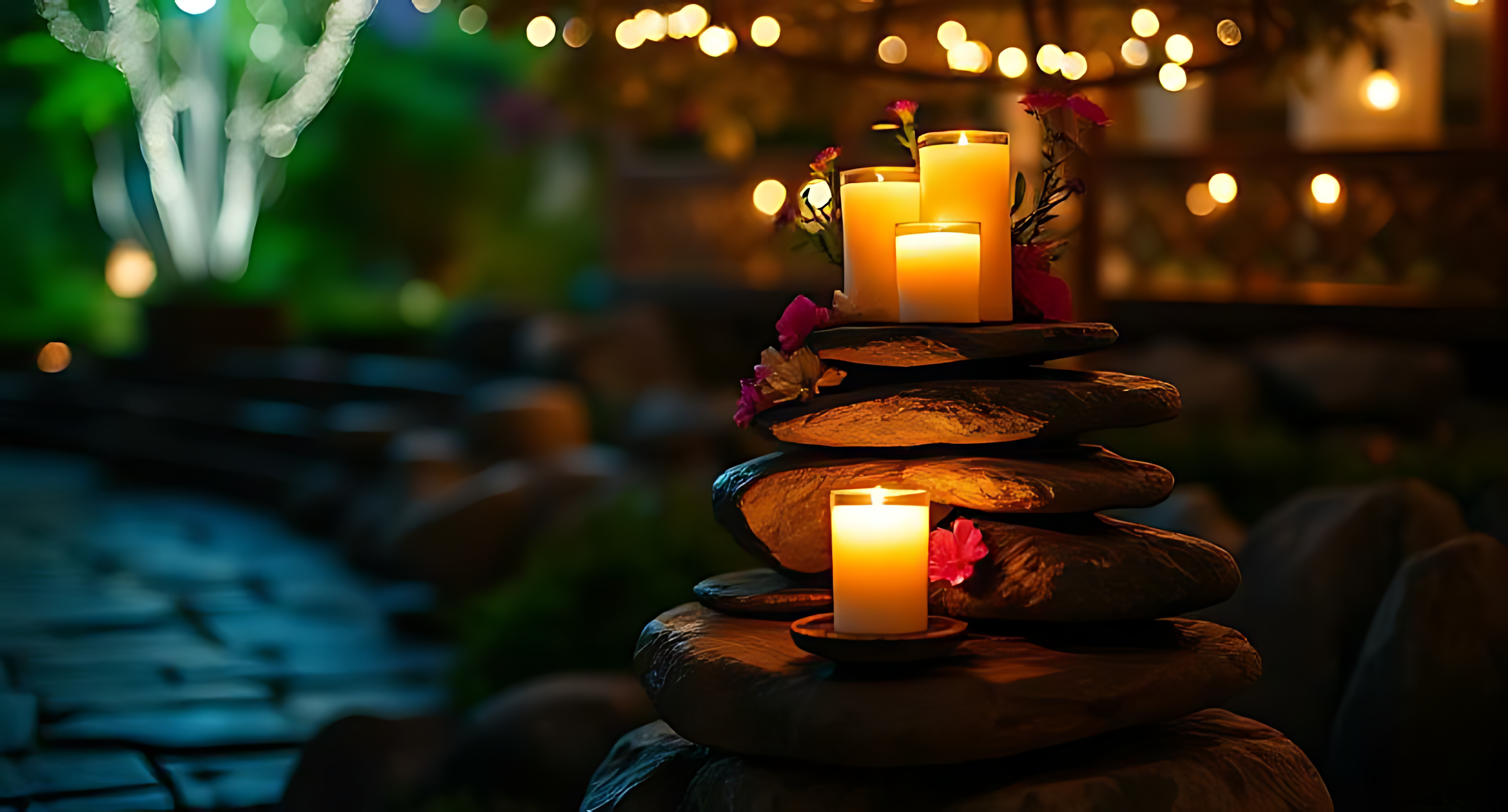 candles 桌布 壁紙 — 在夜晚寧靜的花園中，堆疊的光滑石頭在柔和的散景燈串下托著發光的蠟燭和粉紅色的花朵。