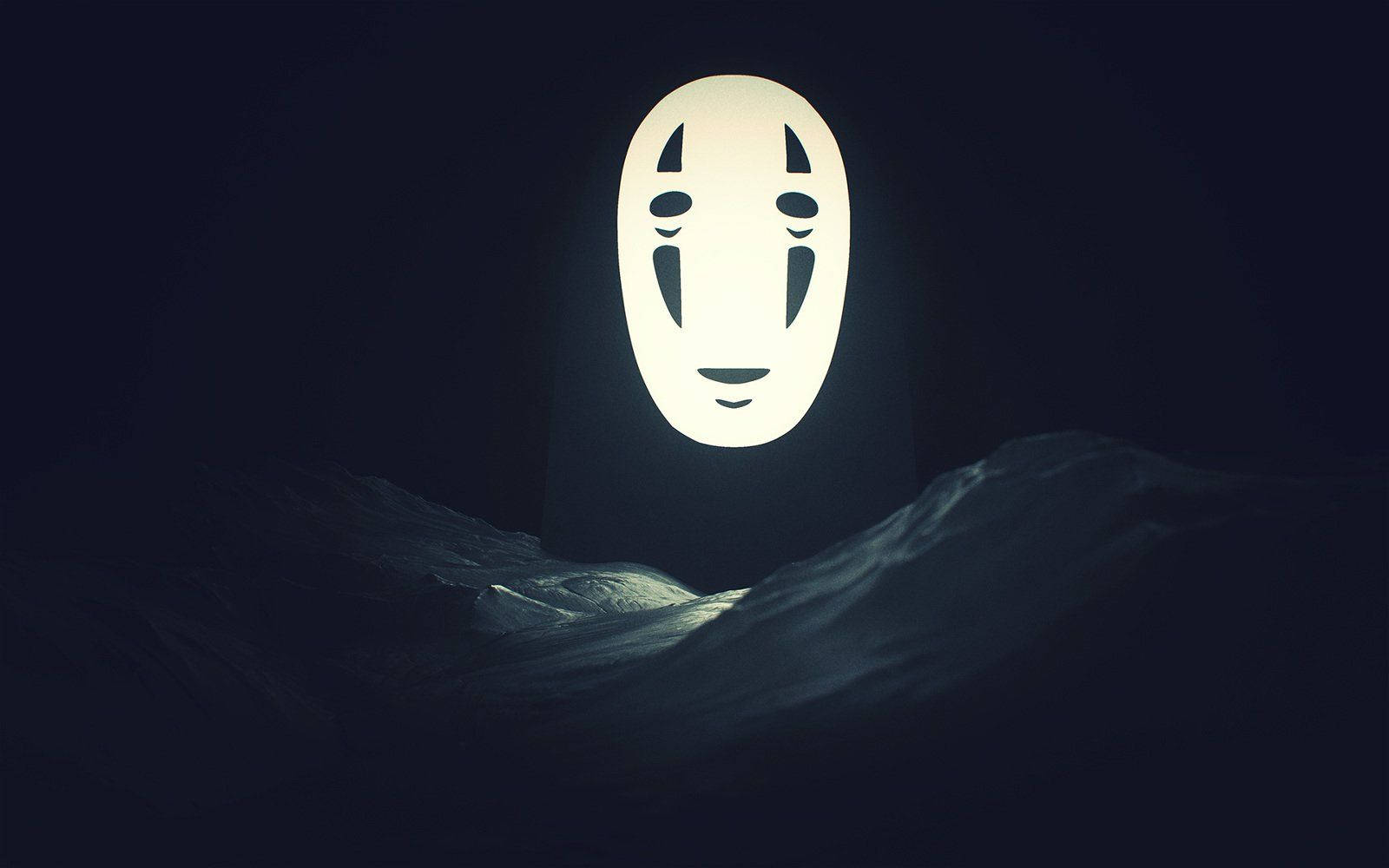 No Face 桌布 壁紙 — 在夜空下，一個發光的白色面具靈魂從黑暗的雪地中出現。