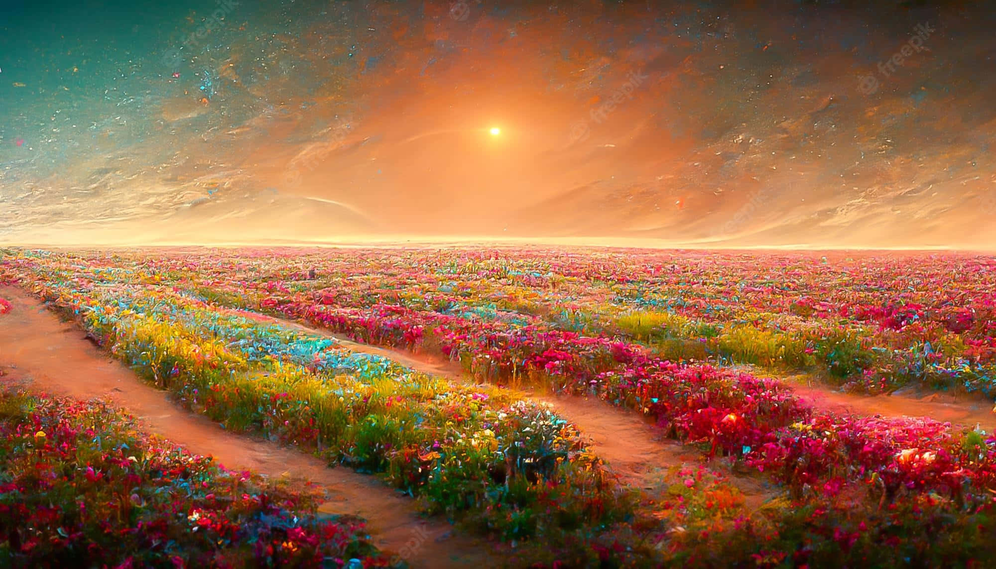 風景 桌布 壁紙 — 在夢幻星空下，超現實的夕陽以溫暖的金色光芒沐浴著廣闊的鮮豔花田。