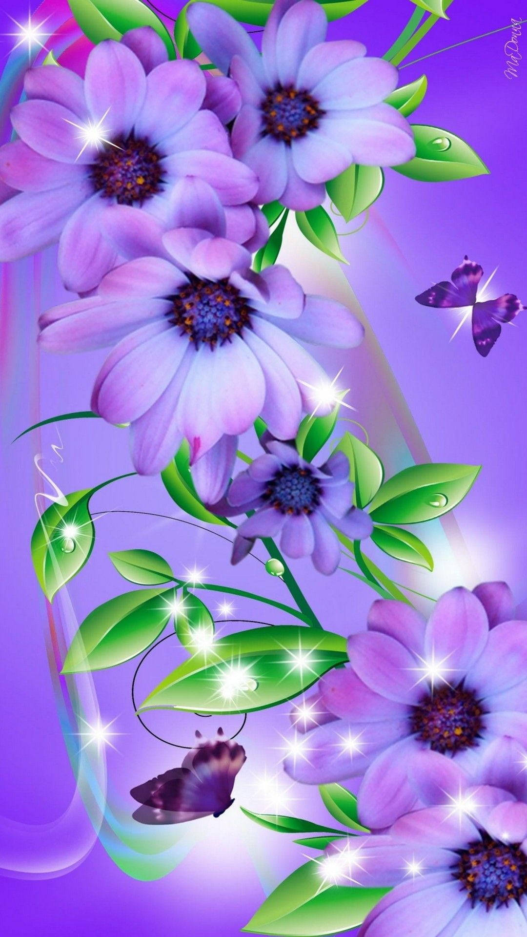 Daisy Aesthetic 桌布 壁紙 — 在夢幻漸變紫色背景上，鮮豔的紫色花朵帶有閃爍的光芒和翩翩起舞的蝴蝶。