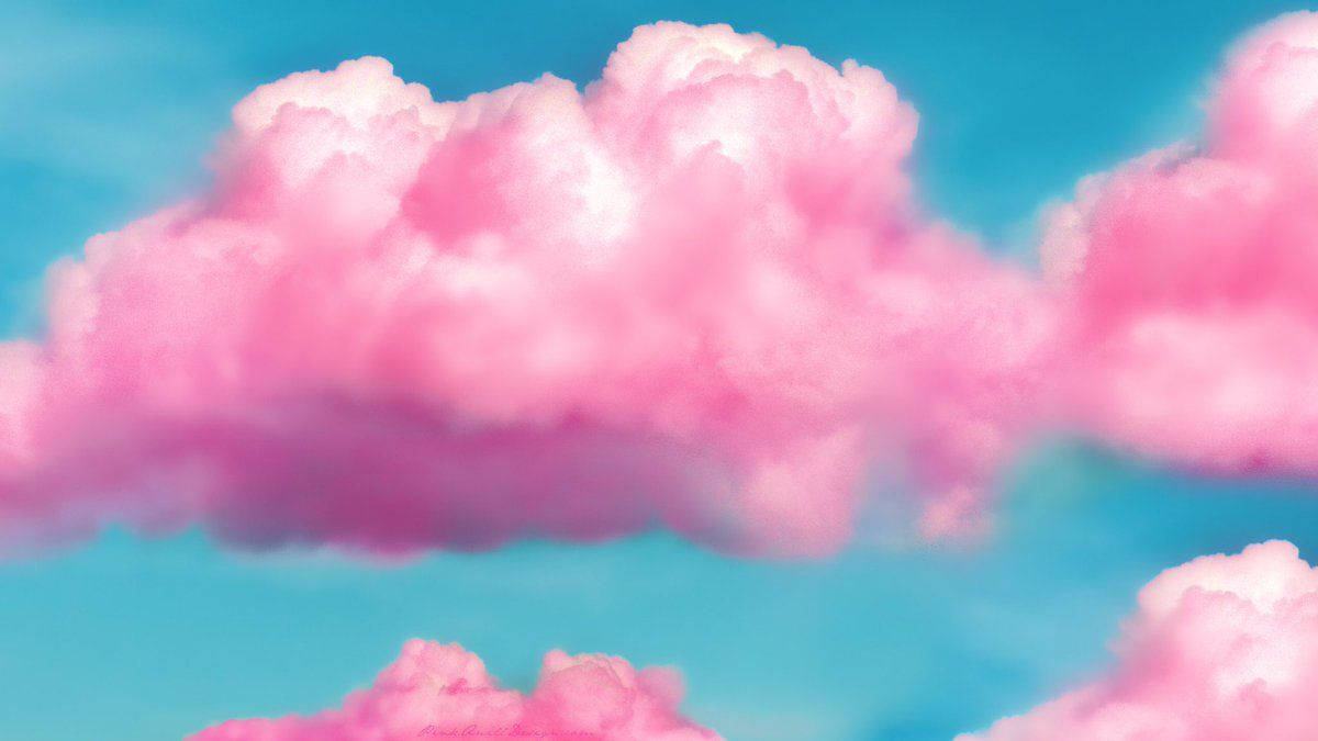 Cute Pink Cloud 桌布 壁紙 — 在夢幻的數位藝術作品中，蓬鬆的粉紅色雲朵飄過充滿活力的綠松色天空。
