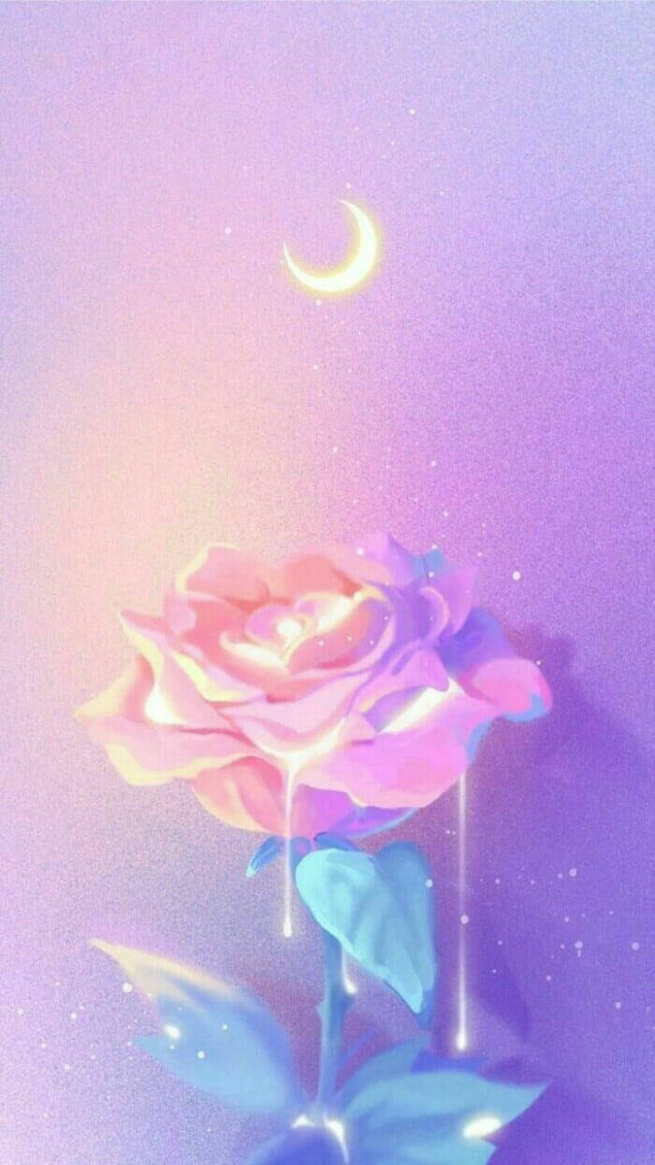 在繁星夜空的新月下，一朵發光的玫瑰滴落液態光。 — 柔和美學 GIF 壁紙