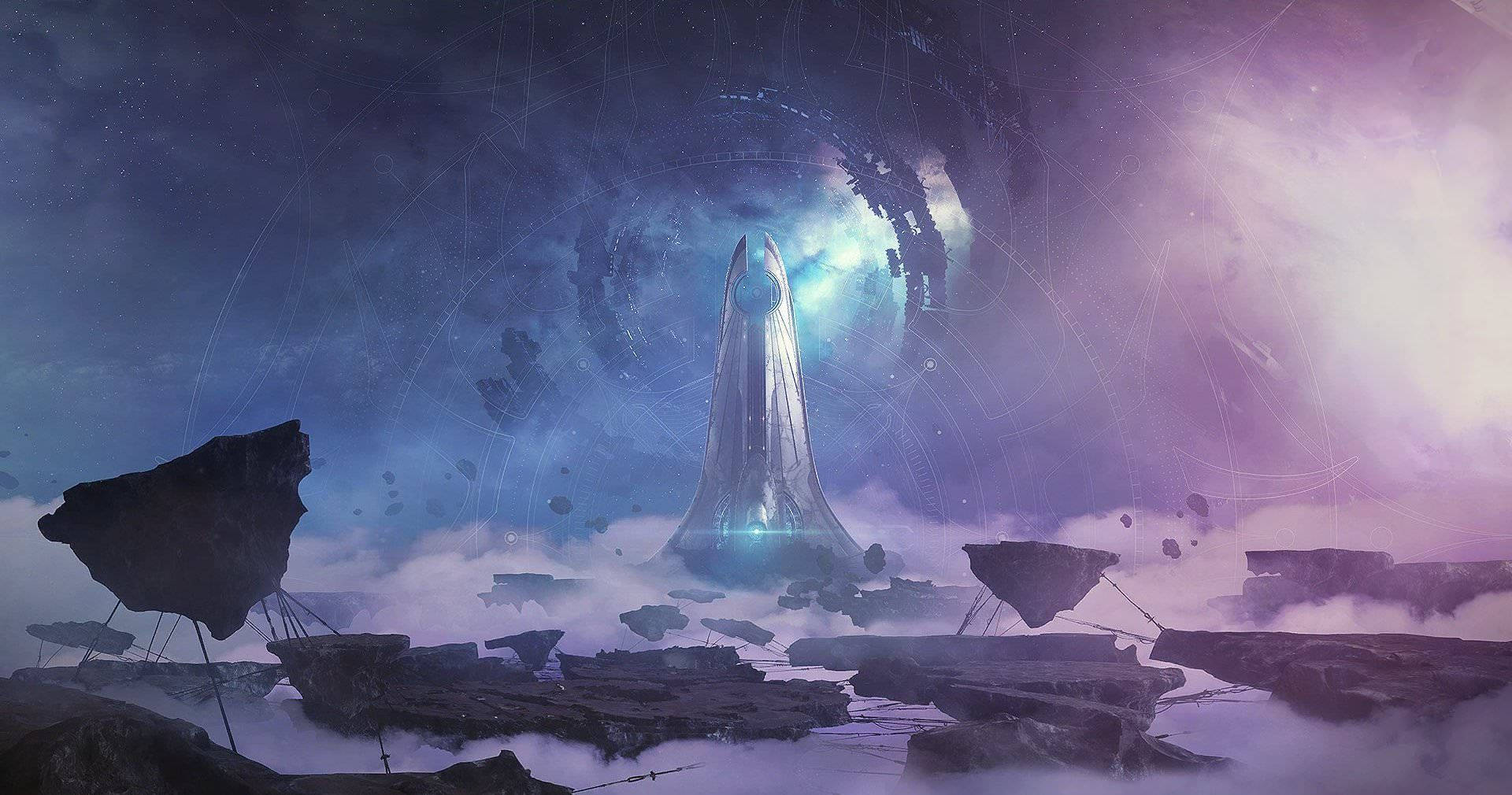 destiny 2 shadowkeep 桌布 壁紙 — 在夢幻般的外星景觀中，一座發光的未來主義塔樓從漂浮的岩石平台上升起，下方是一個宇宙傳送門。