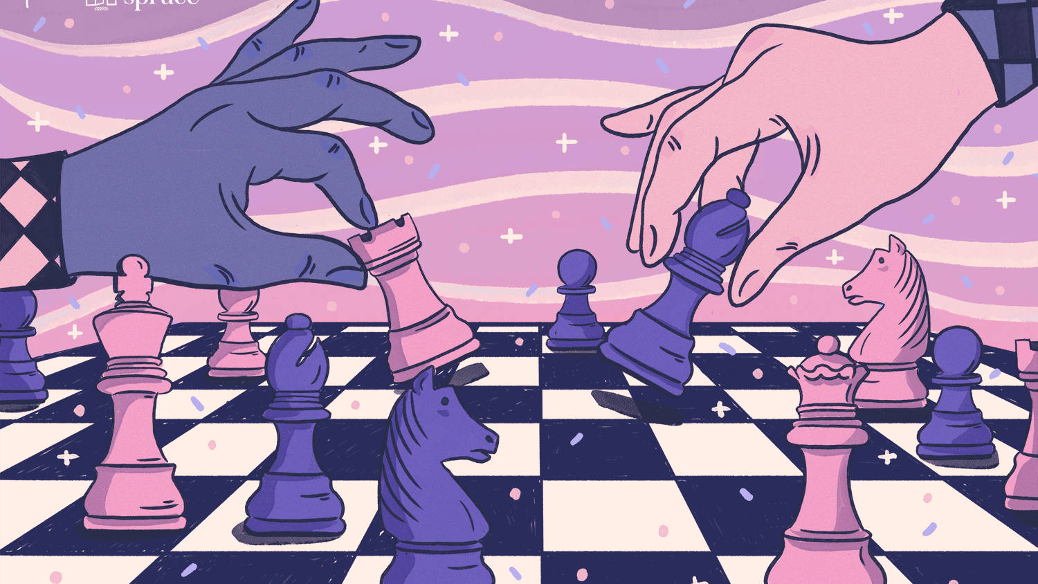 Chess 桌布 壁紙 — 在夢幻般的紫色星空下，兩隻手伸過棋盤去捕捉對手的棋子。