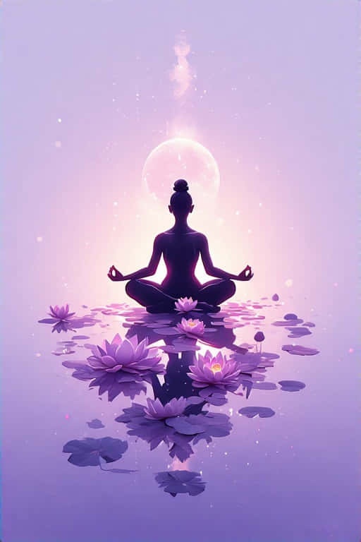 Minimalist Yoga Lotus Pose Calming Lavender 4K 壁紙 — 在夢幻般的紫色暮色中，一個寧靜的剪影在發光的月亮下的睡蓮上盤腿冥想。